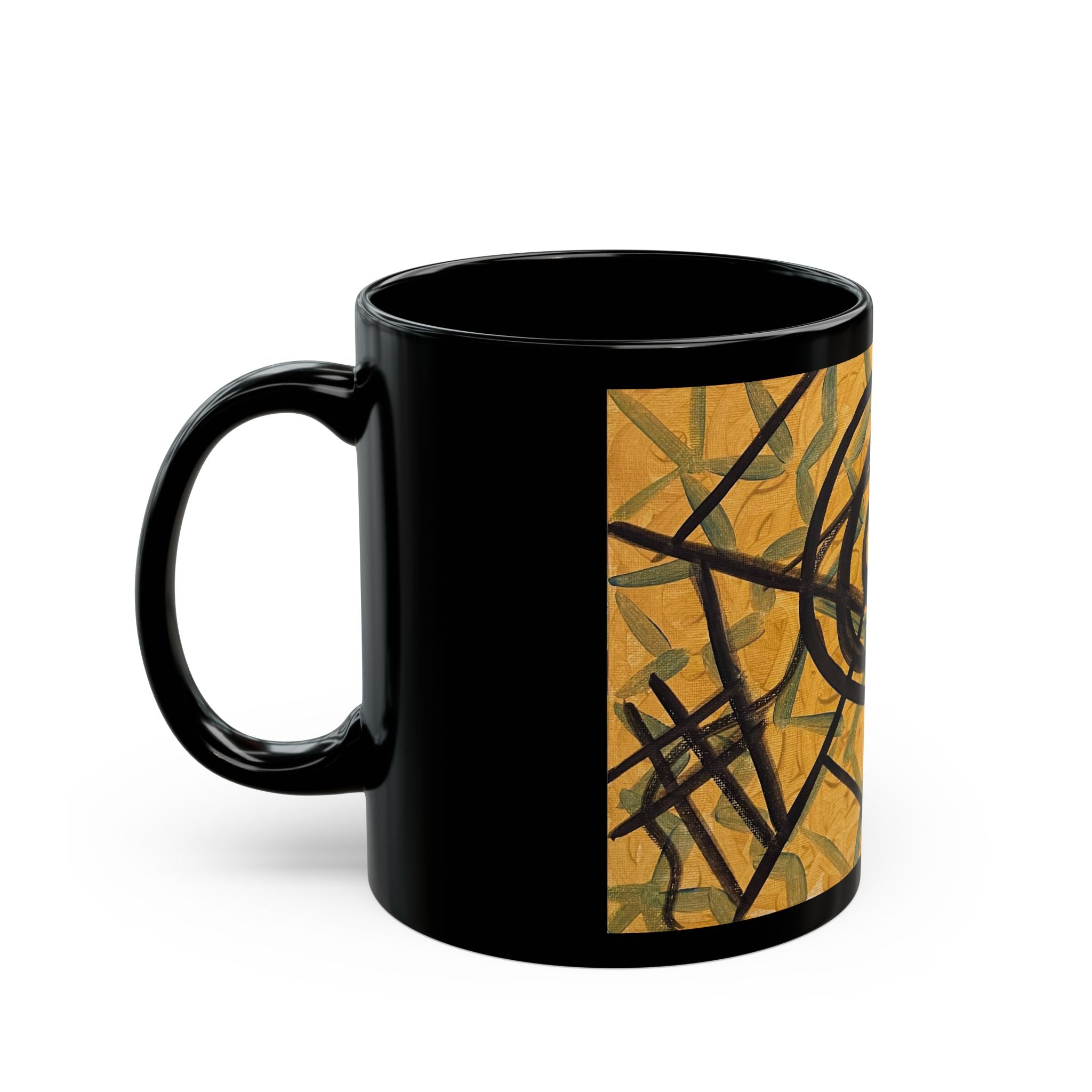 Abstract Tribal Swirl Black Mug — Artistic Gold & Black Ceramic Coffee Cup (11oz/15oz)