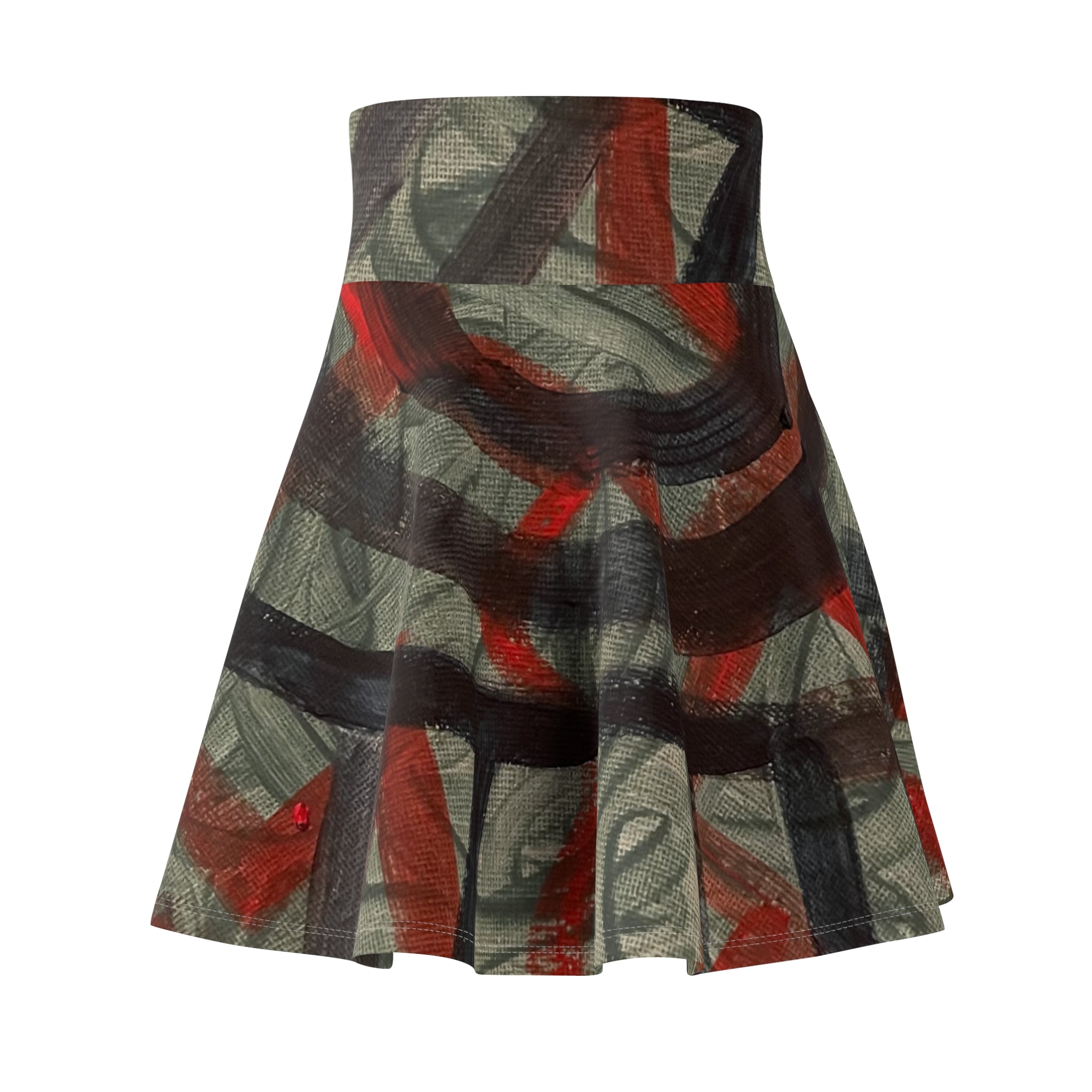 Abstract Brushstroke Skater Skirt — Red & Charcoal AOP
