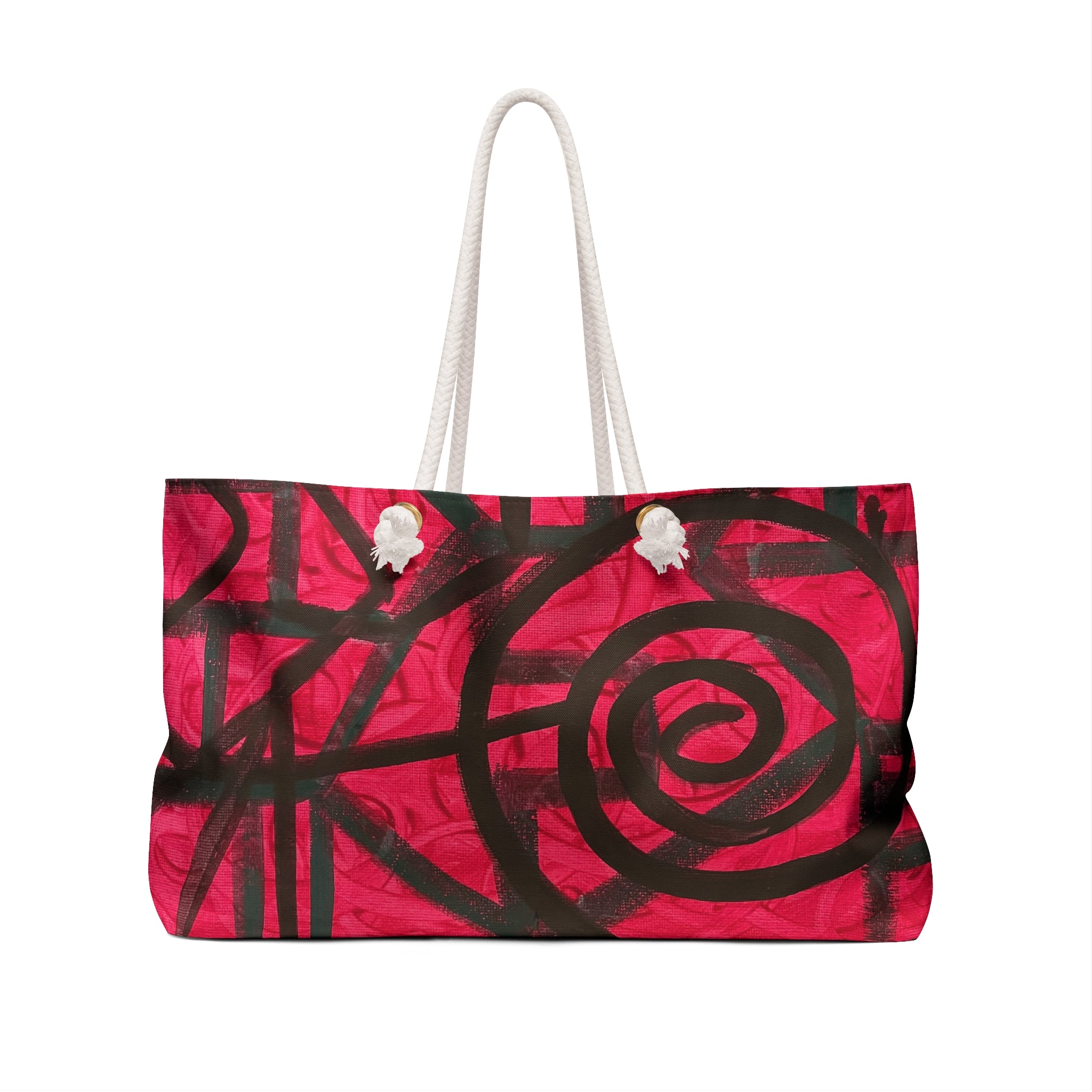 Bold Red Spiral Weekender Bag — Artistic Tote for Travel & Beach