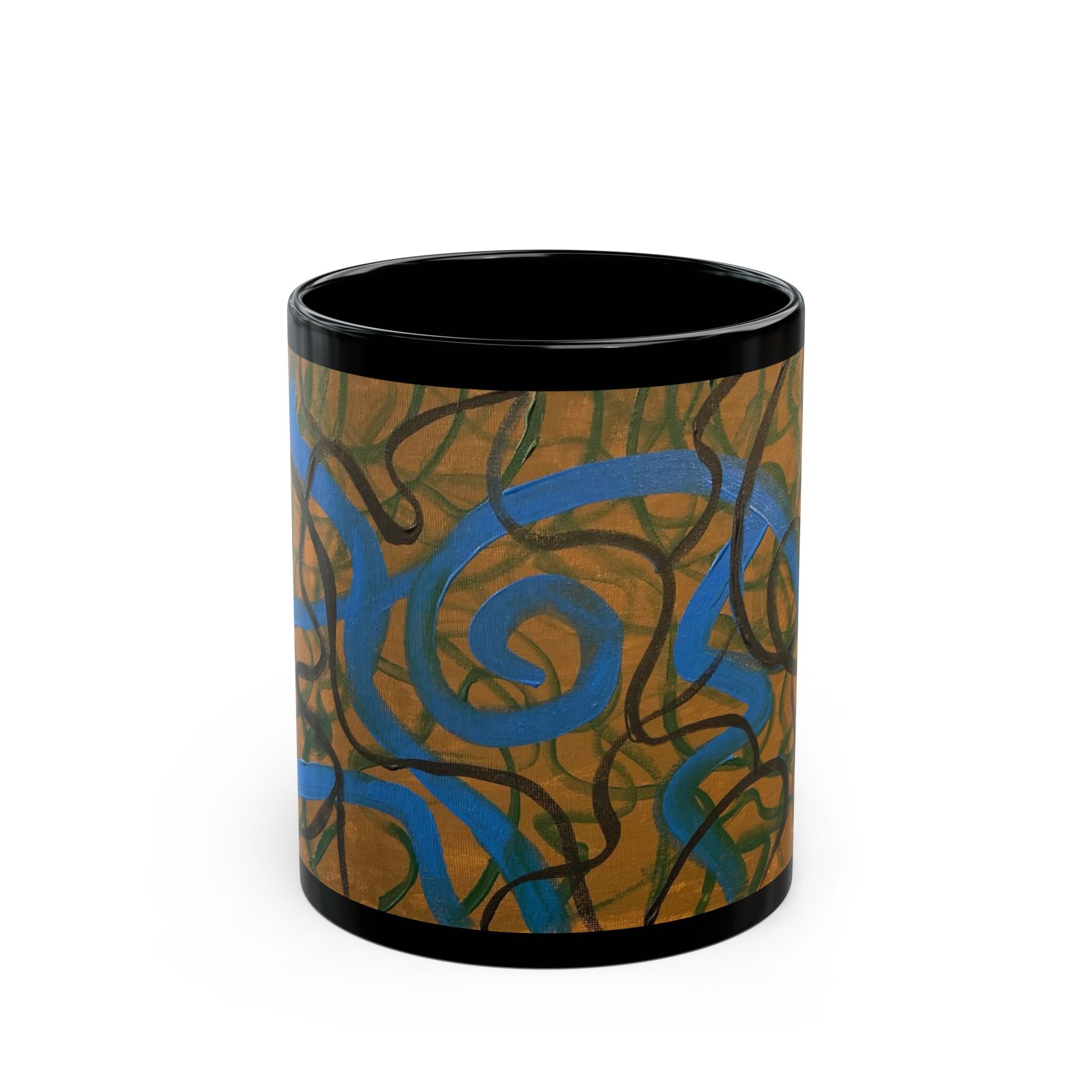 Abstract Swirl Black Mug — Artistic Blue & Green Scribble Ceramic Cup (11oz/15oz)
