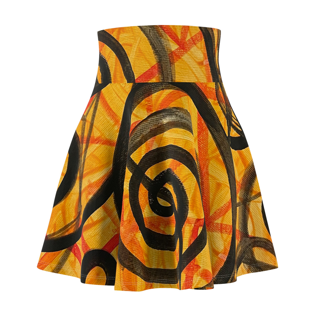 Golden Spiral Art Skater Skirt — Abstract Yellow & Black Swirl Print