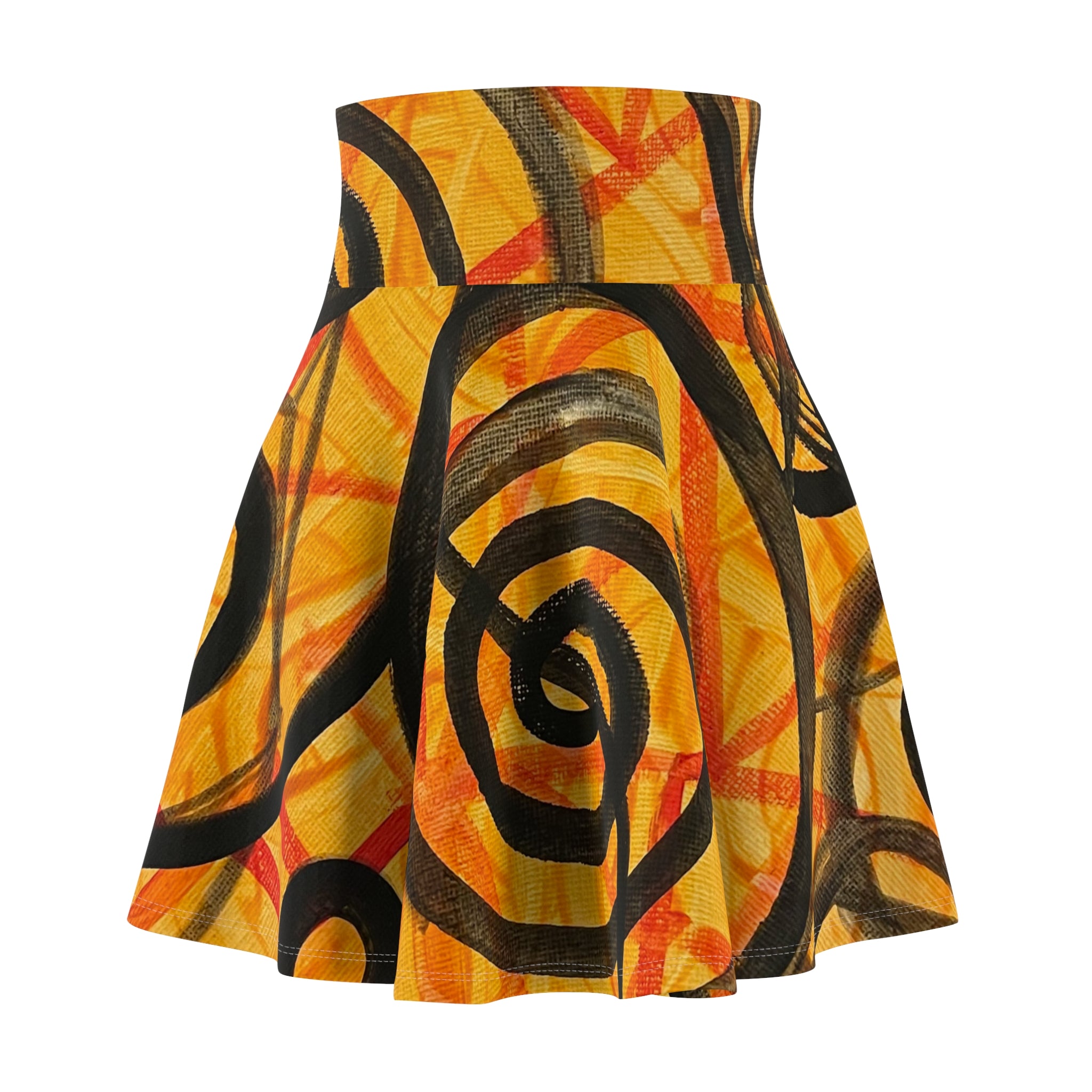 Golden Spiral Art Skater Skirt — Abstract Yellow & Black Swirl Print