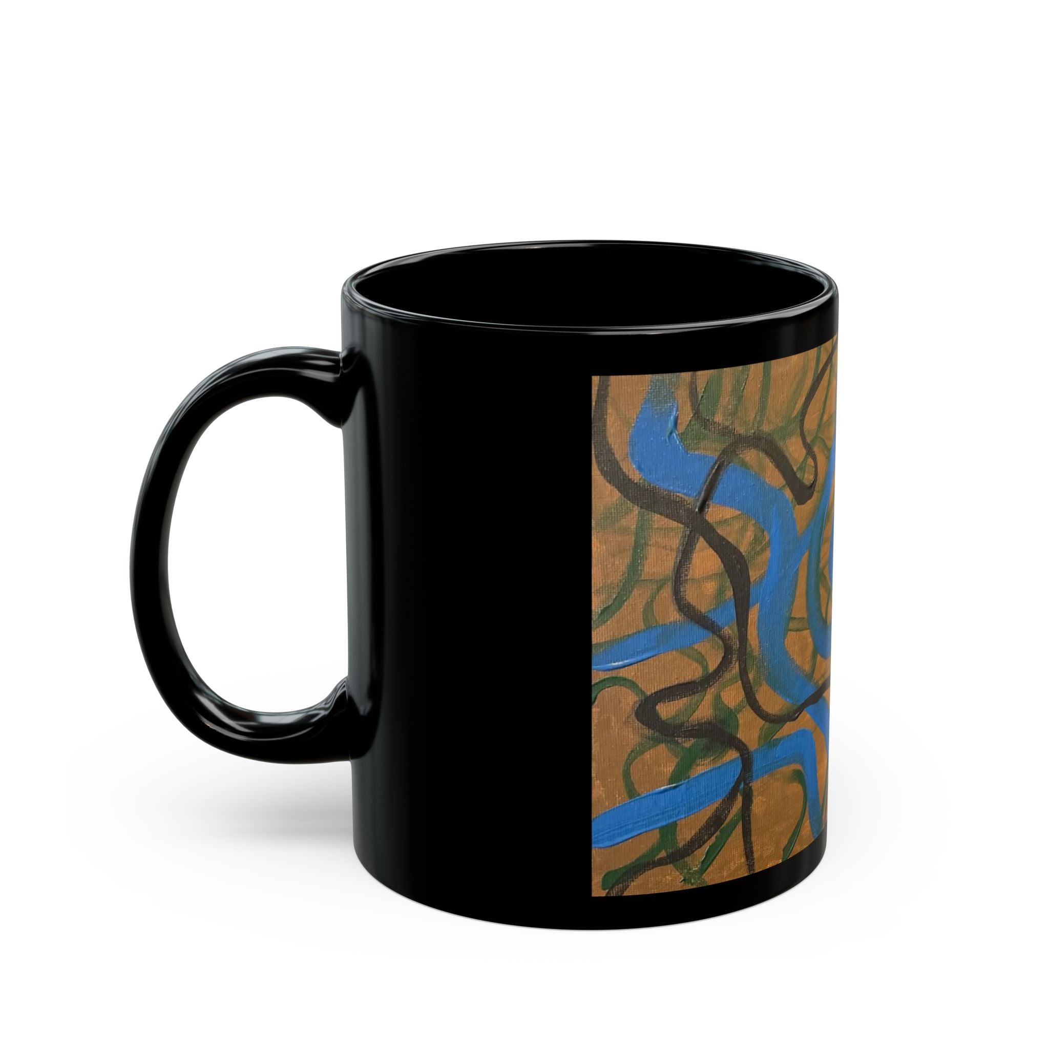 Abstract Swirl Black Mug — Artistic Blue & Green Scribble Ceramic Cup (11oz/15oz)