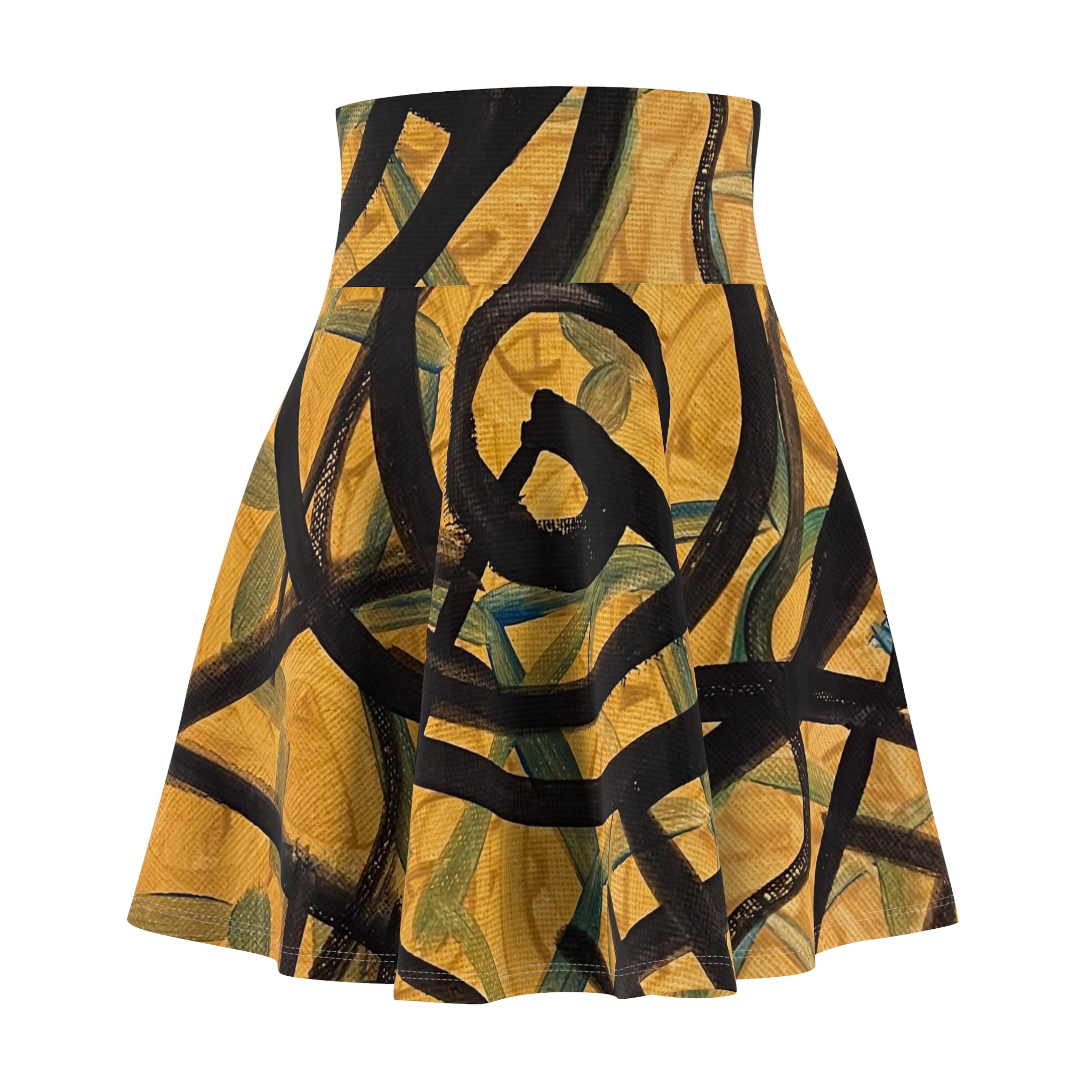 Abstract Swirl Skater Skirt — Bold Yellow & Black Art Print