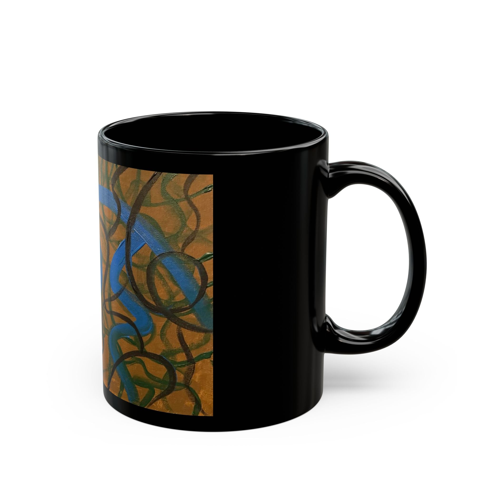 Abstract Swirl Black Mug — Artistic Blue & Green Scribble Ceramic Cup (11oz/15oz)
