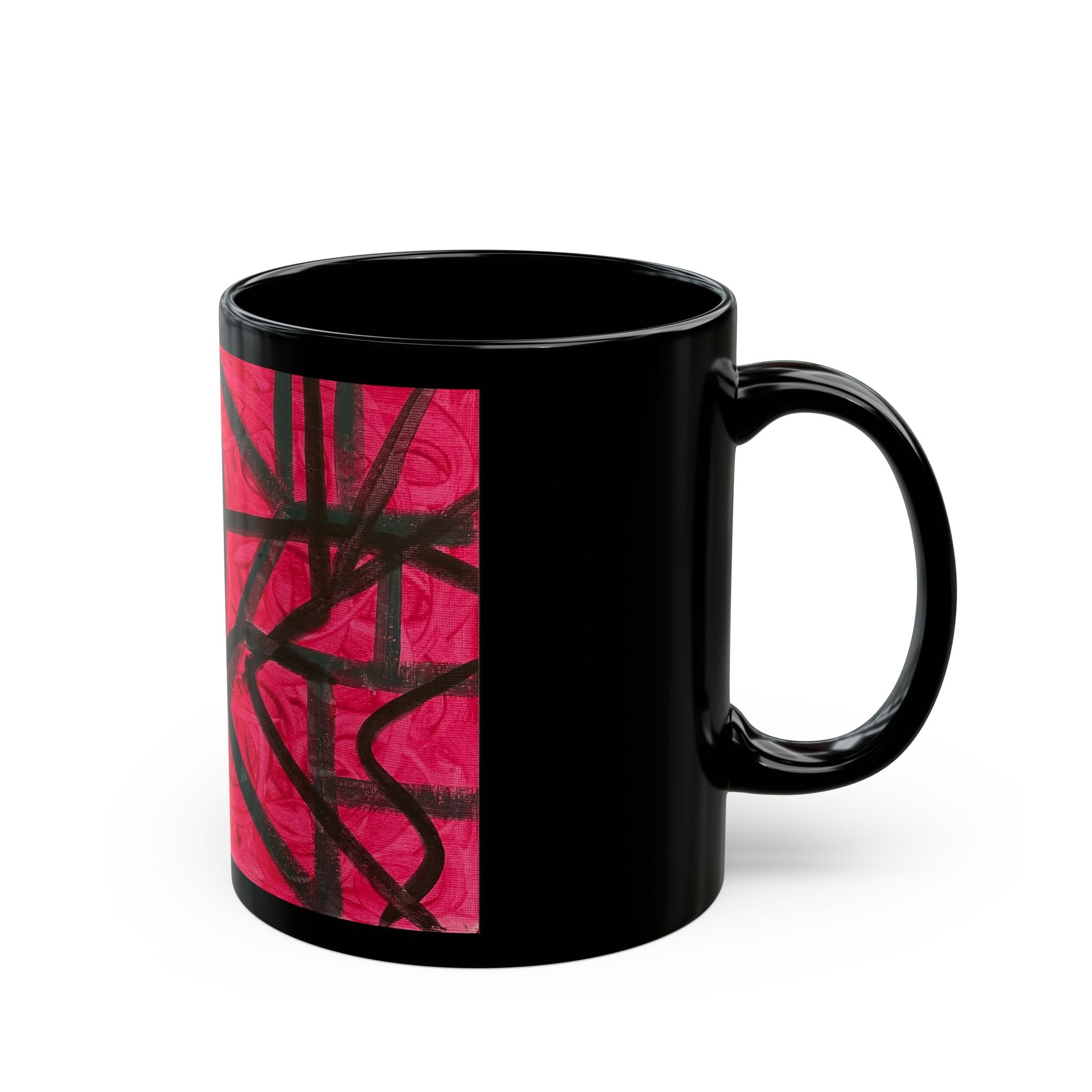 Abstract Red Spiral Art Mug — Black Ceramic Coffee Cup (11oz/15oz)