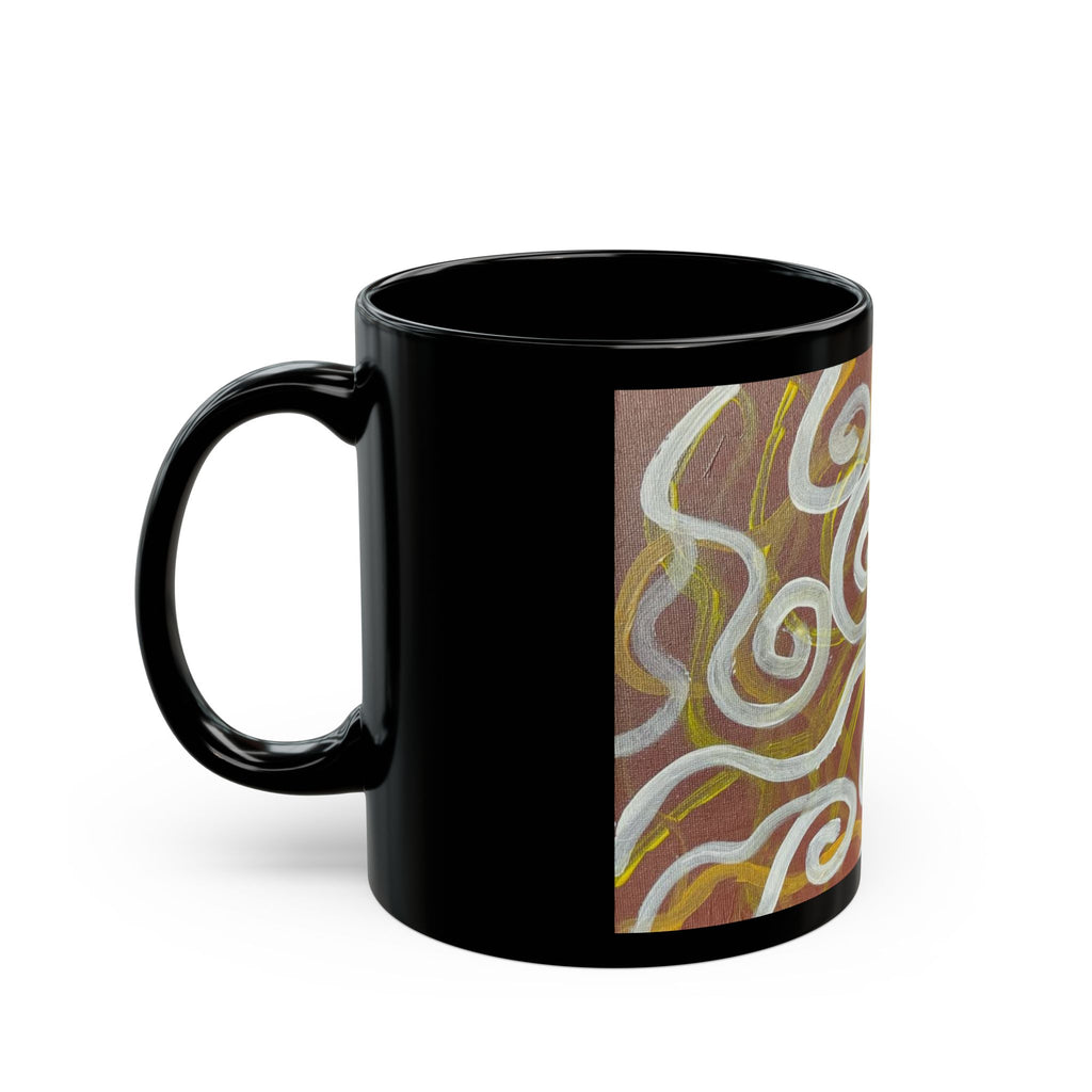Swirling Abstract Art Black Mug — Earth Tone Spiral Coffee Cup (11oz/15oz)