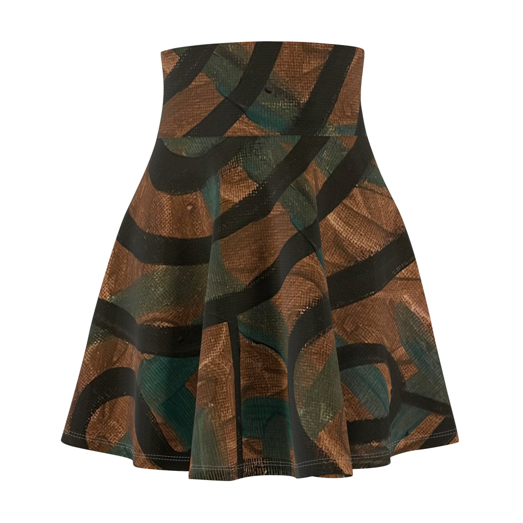 Abstract Earth-Tone Skater Skirt — Brown & Teal Swirl Print