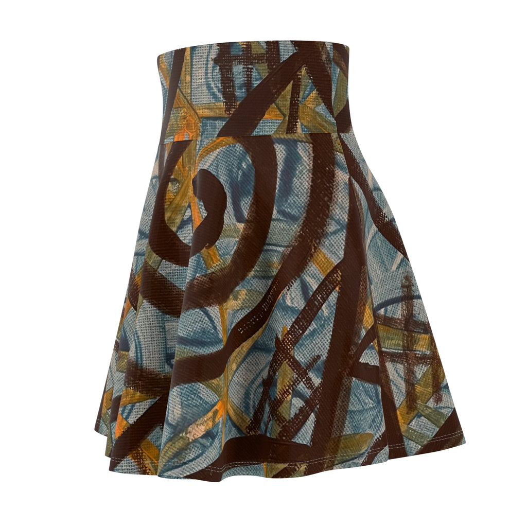 Abstract Swirl Skater Skirt — Artistic Blue & Brown AOP