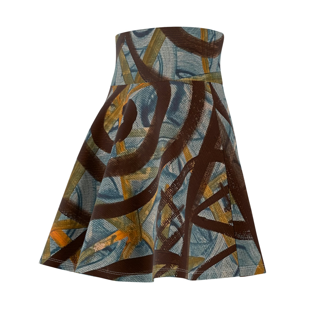 Abstract Swirl Skater Skirt — Artistic Blue & Brown AOP