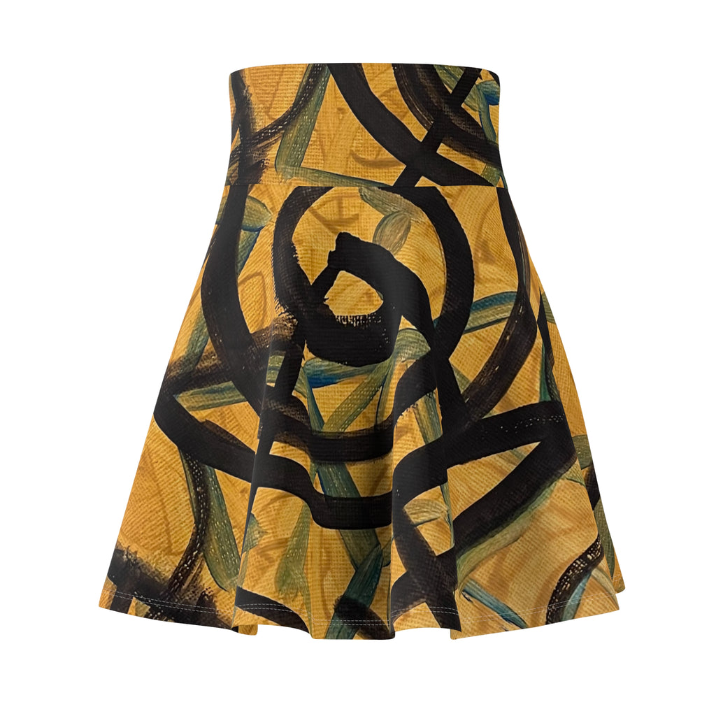 Abstract Swirl Skater Skirt — Bold Yellow & Black Art Print