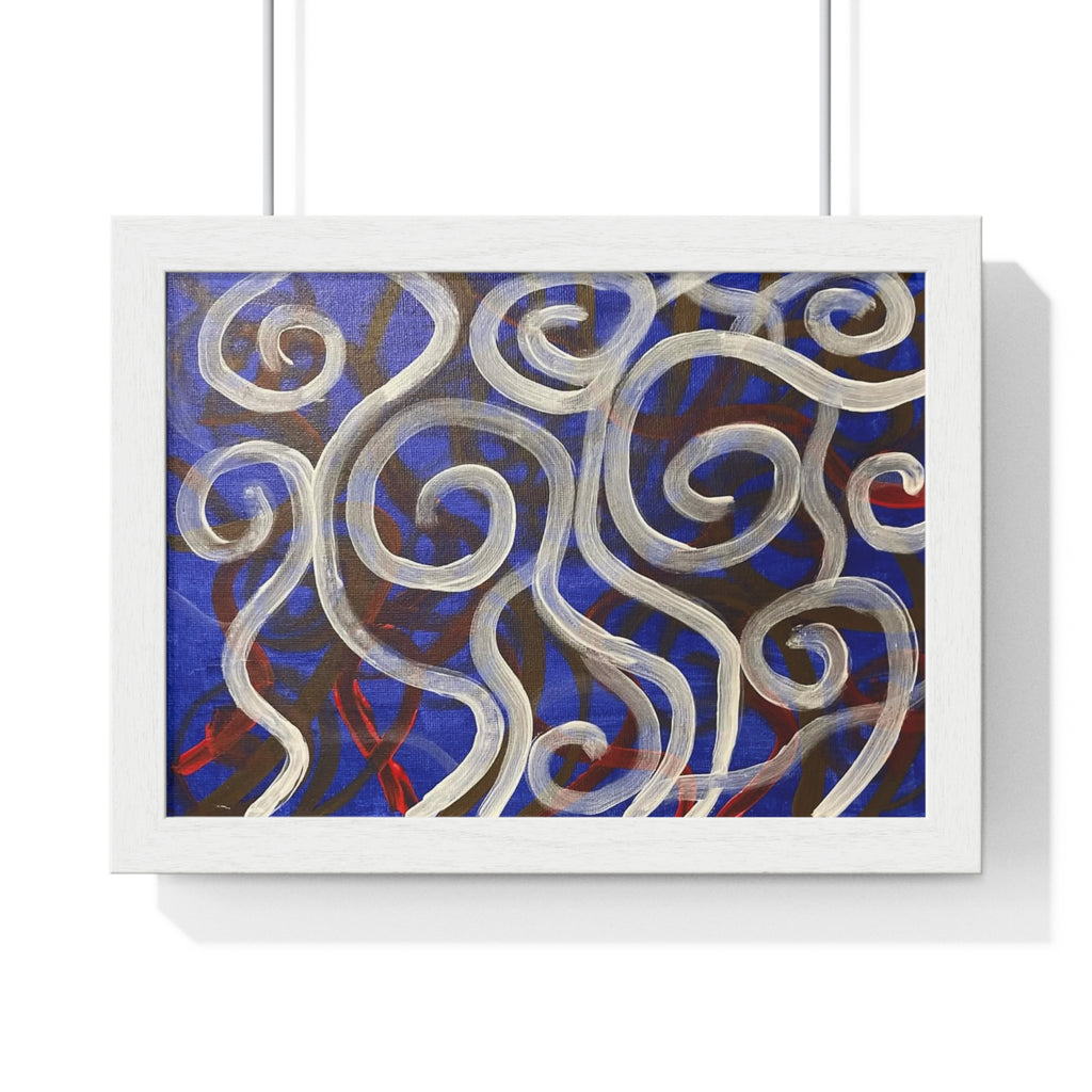 Abstract Swirl Framed Poster — Blue & Silver Modern Wall Art