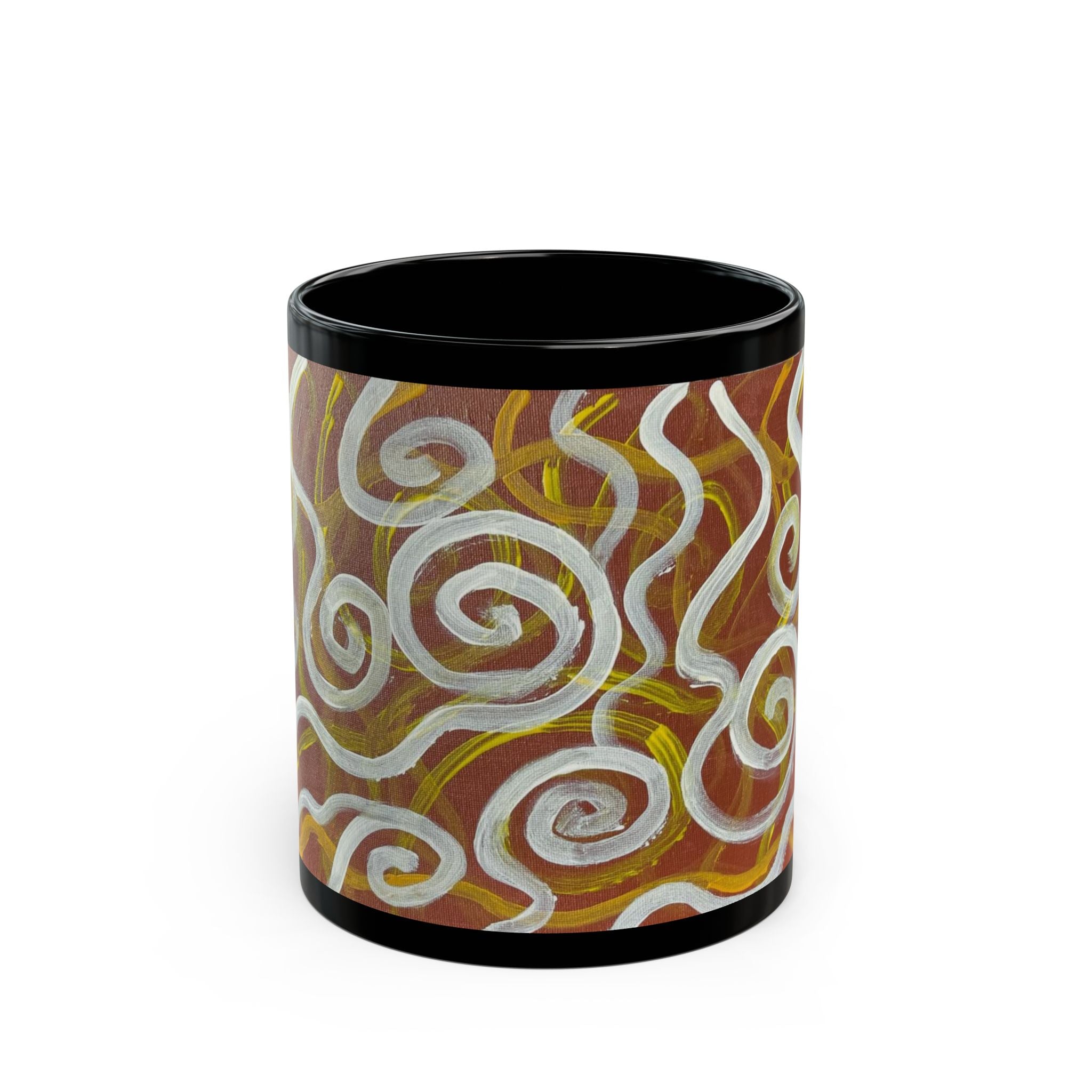 Swirling Abstract Art Black Mug — Earth Tone Spiral Coffee Cup (11oz/15oz)