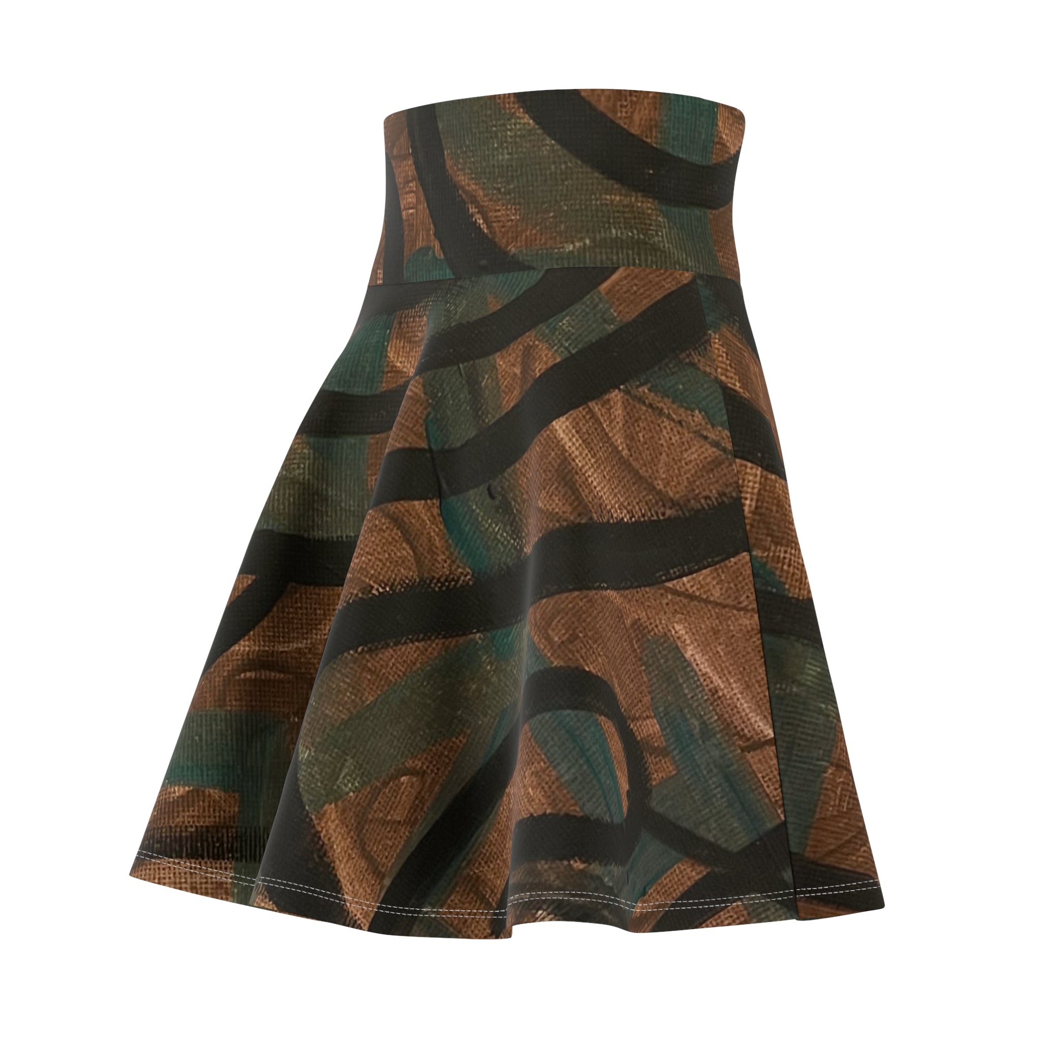 Abstract Earth-Tone Skater Skirt — Brown & Teal Swirl Print