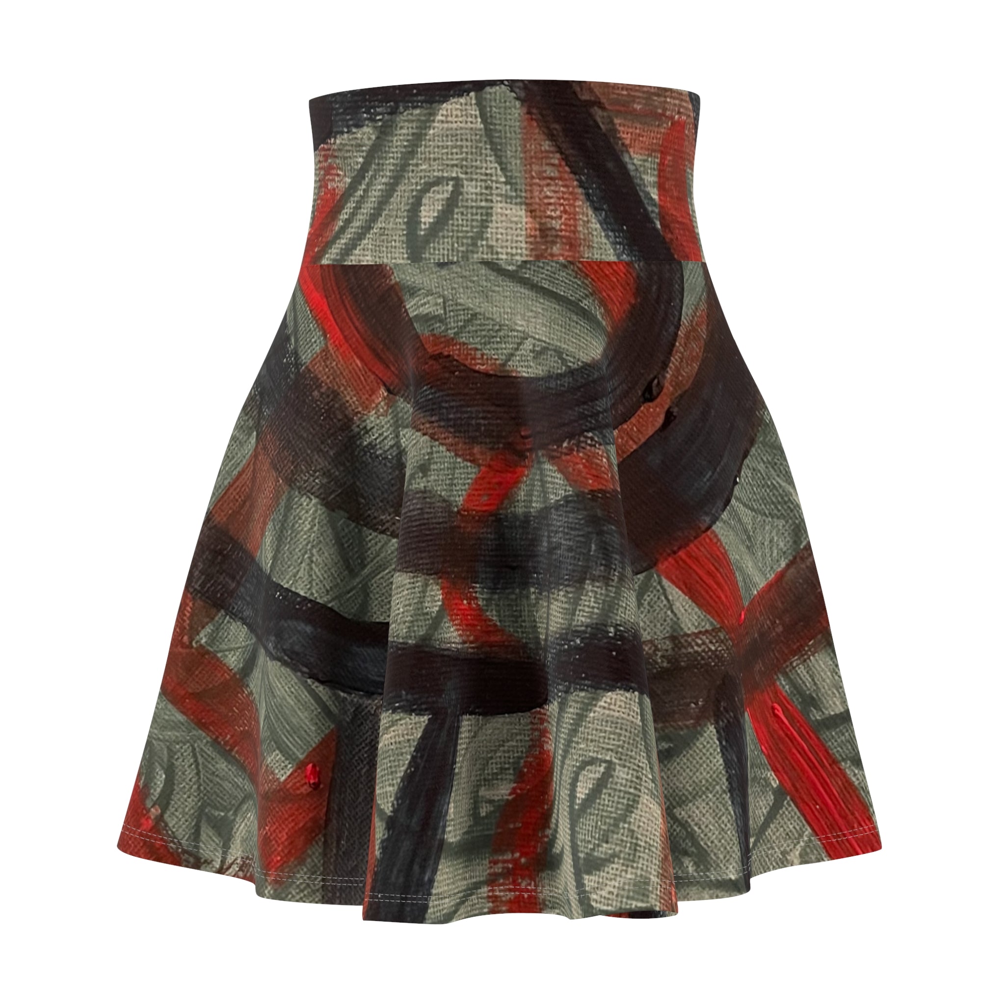 Abstract Brushstroke Skater Skirt — Red & Charcoal AOP