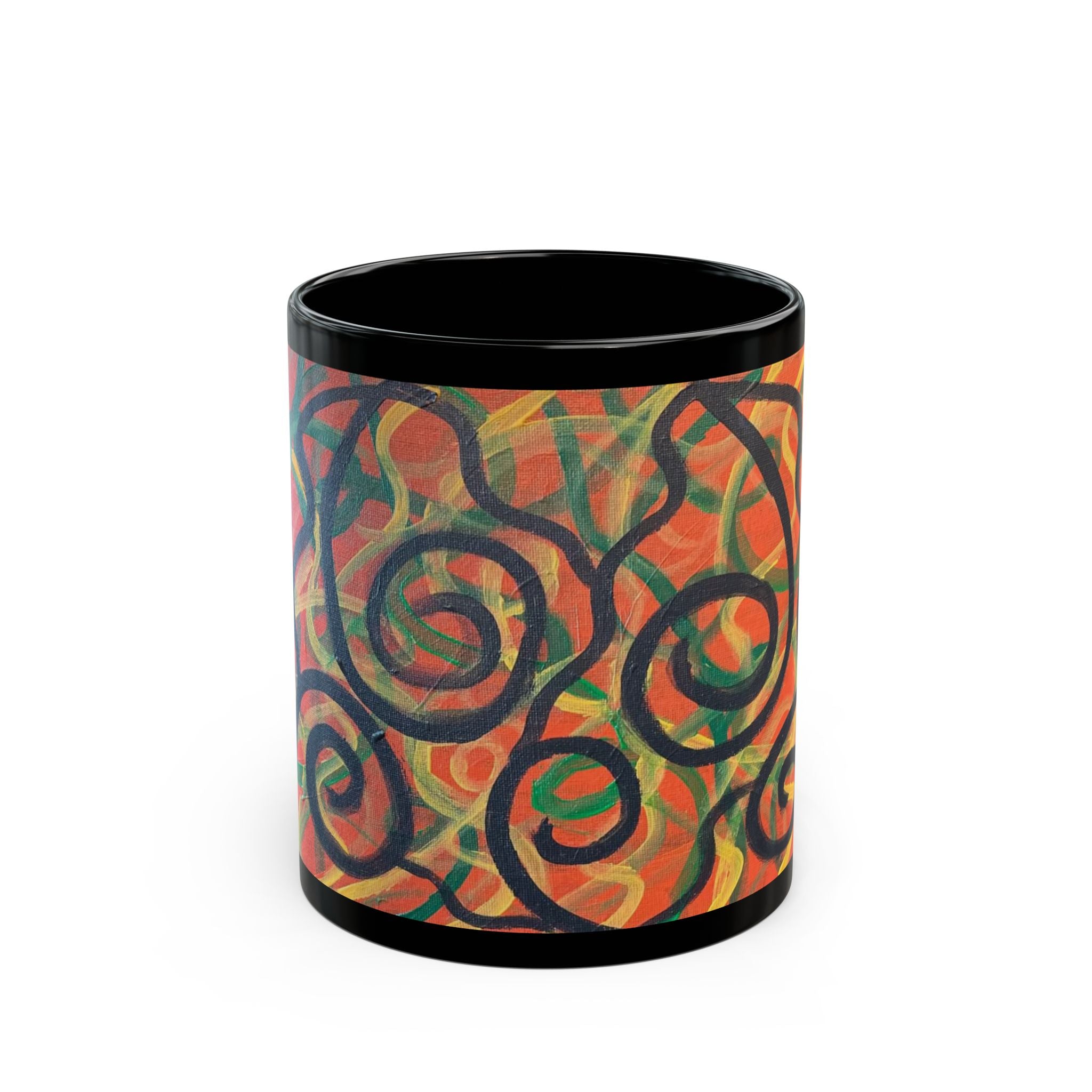 Abstract Spiral Art Black Mug — Colorful Swirl Ceramic Coffee Cup (11oz & 15oz)