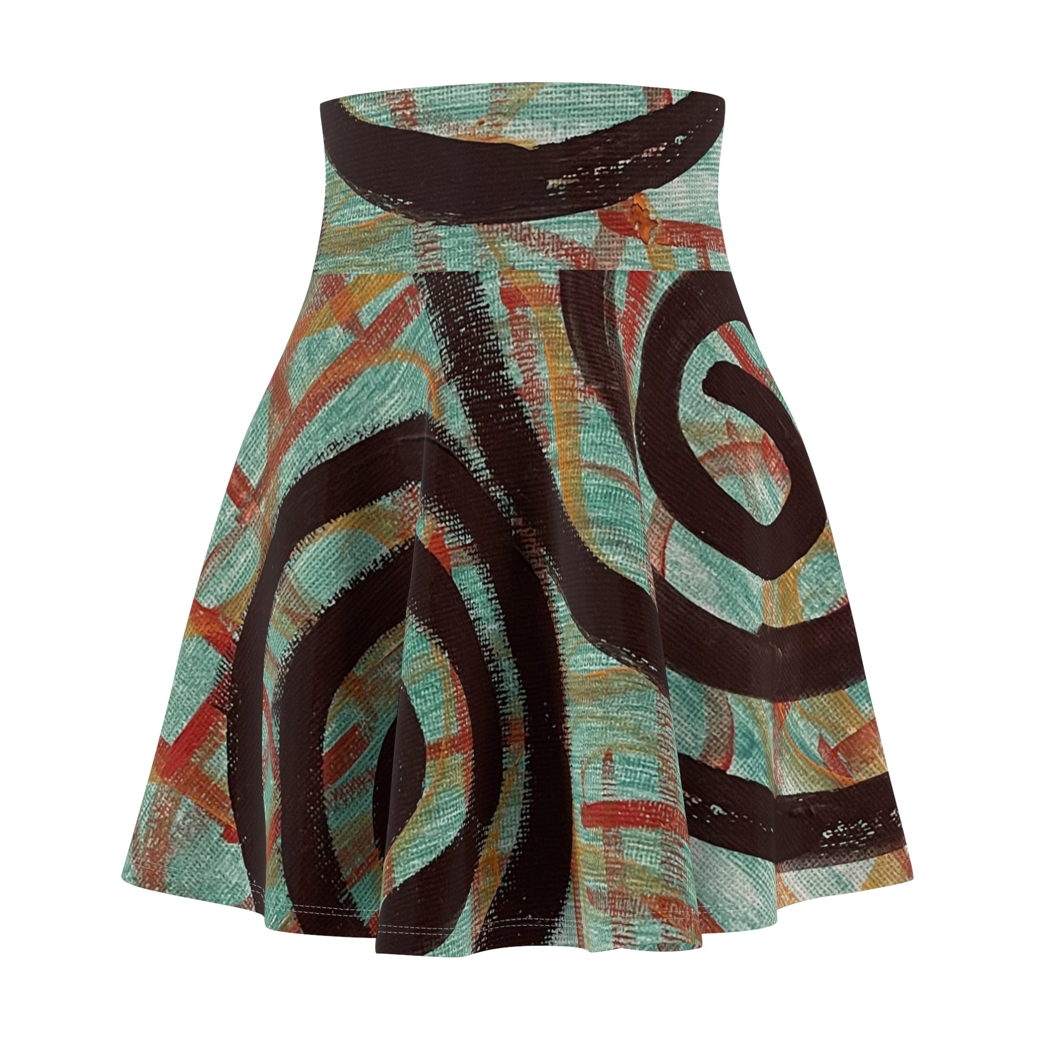 Abstract Spiral Print Skater Skirt — Retro Teal & Rust AOP