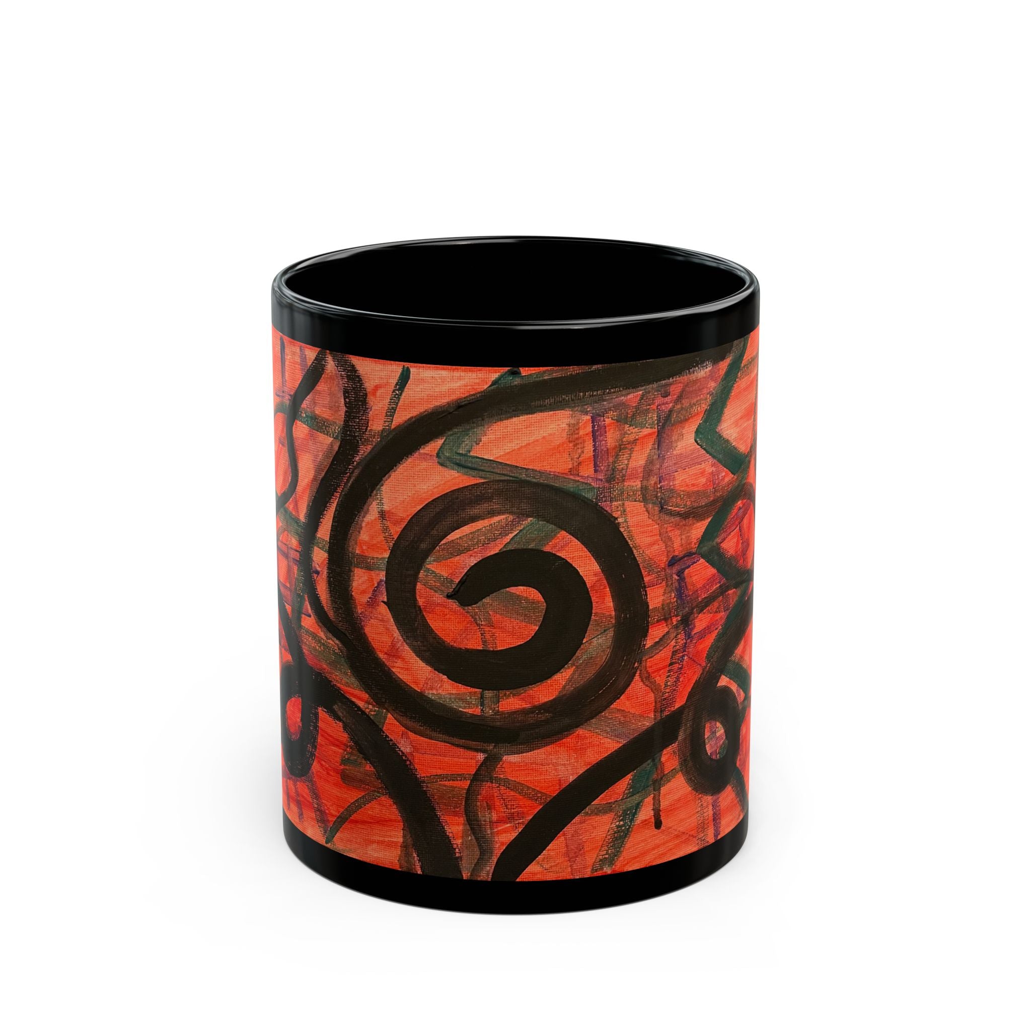 Abstract Red Swirl Black Mug — Artistic Spiral Ceramic Coffee Cup (11oz, 15oz)