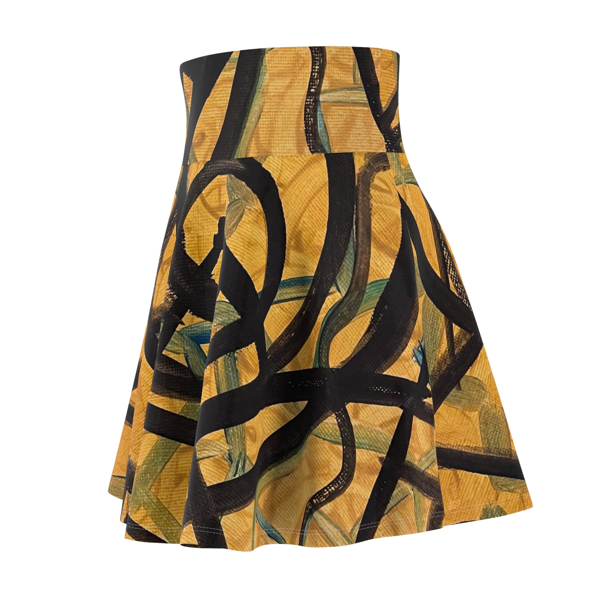 Abstract Swirl Skater Skirt — Bold Yellow & Black Art Print