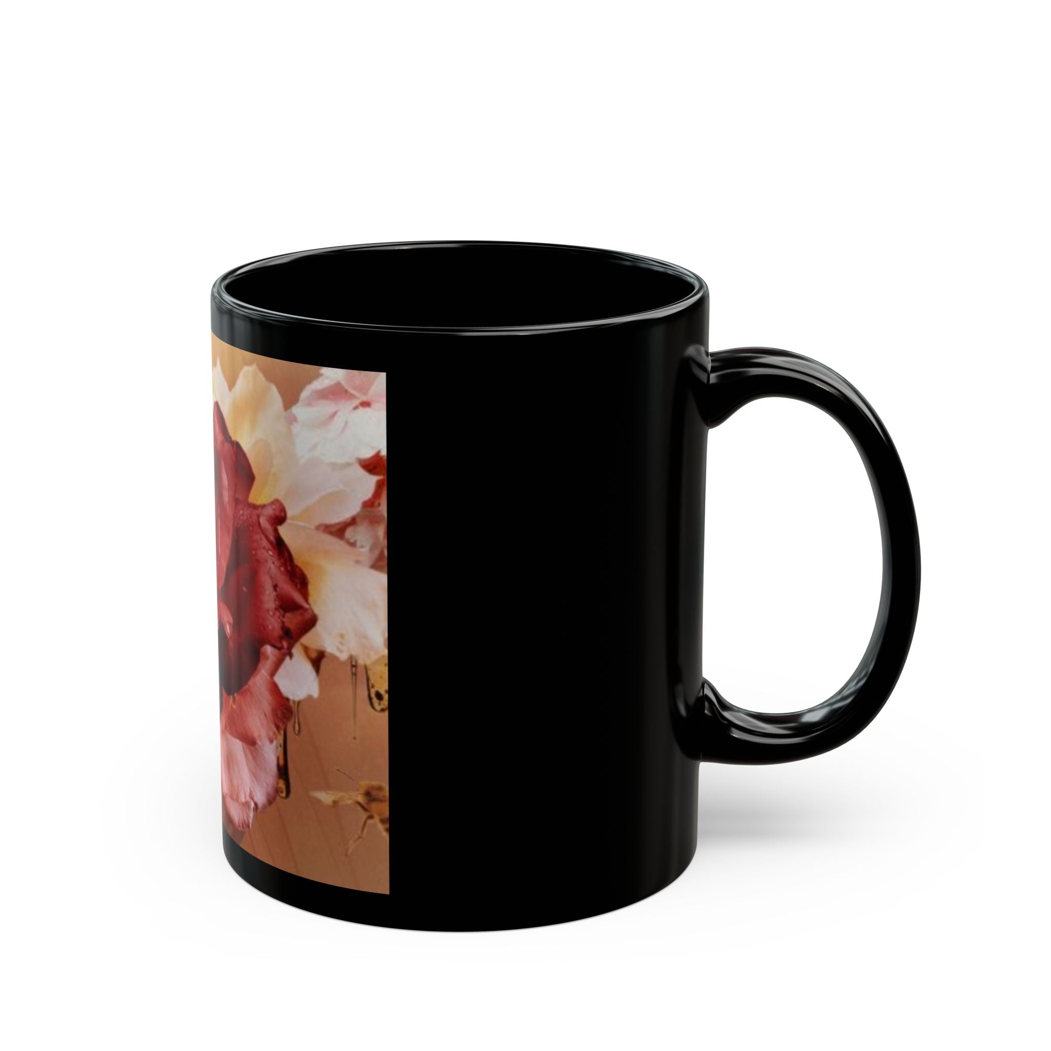 Vintage Red Rose Black Ceramic Mug – Floral Coffee Cup (11oz/15oz)