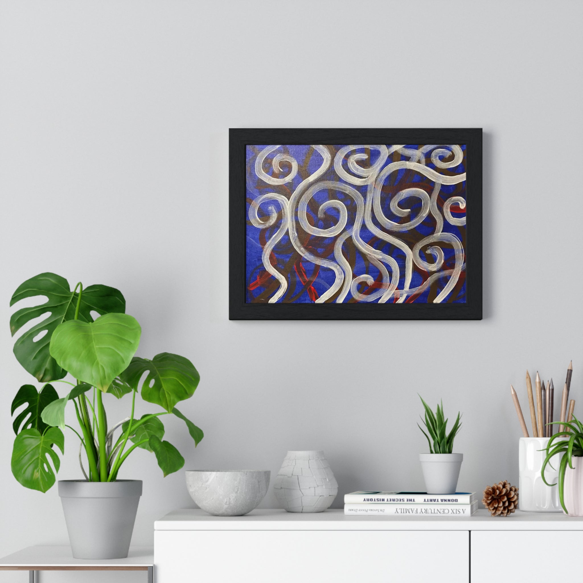 Abstract Swirl Framed Poster — Blue & Silver Modern Wall Art