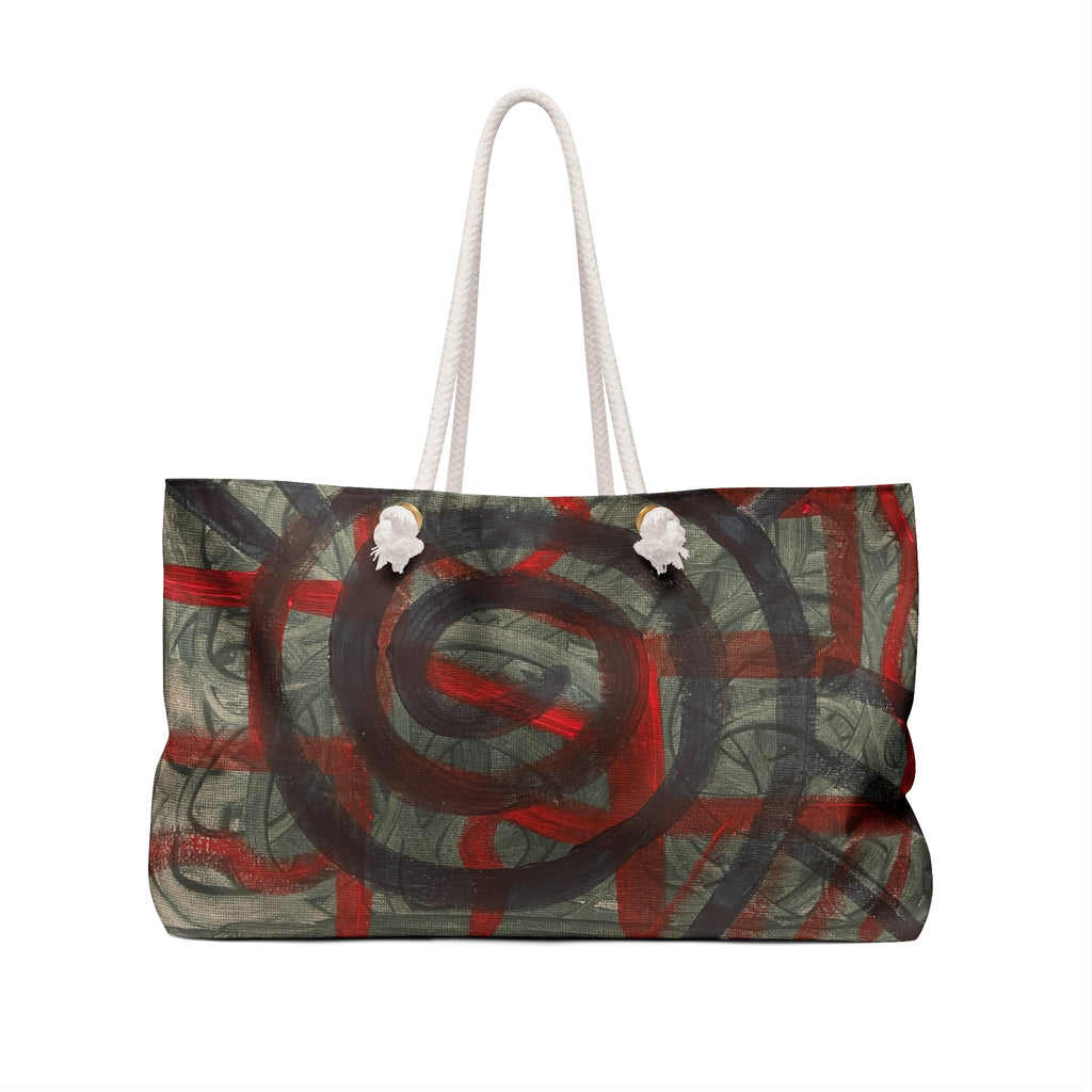 Abstract Spiral Weekender Bag — Red & Olive Travel Tote