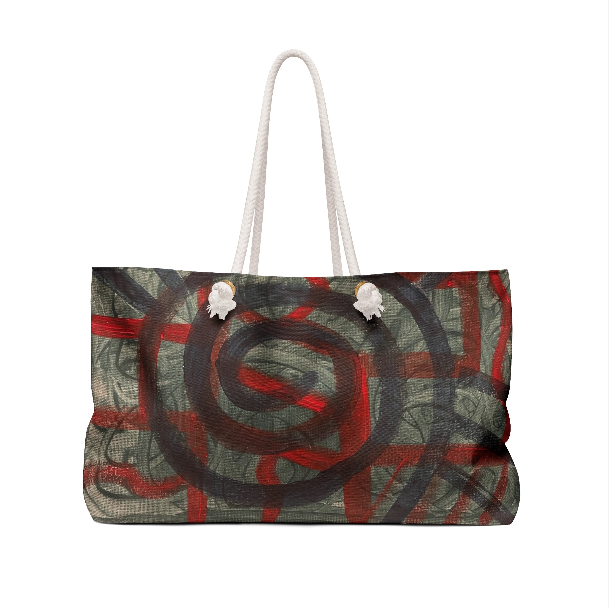 Abstract Spiral Weekender Bag — Red & Olive Travel Tote