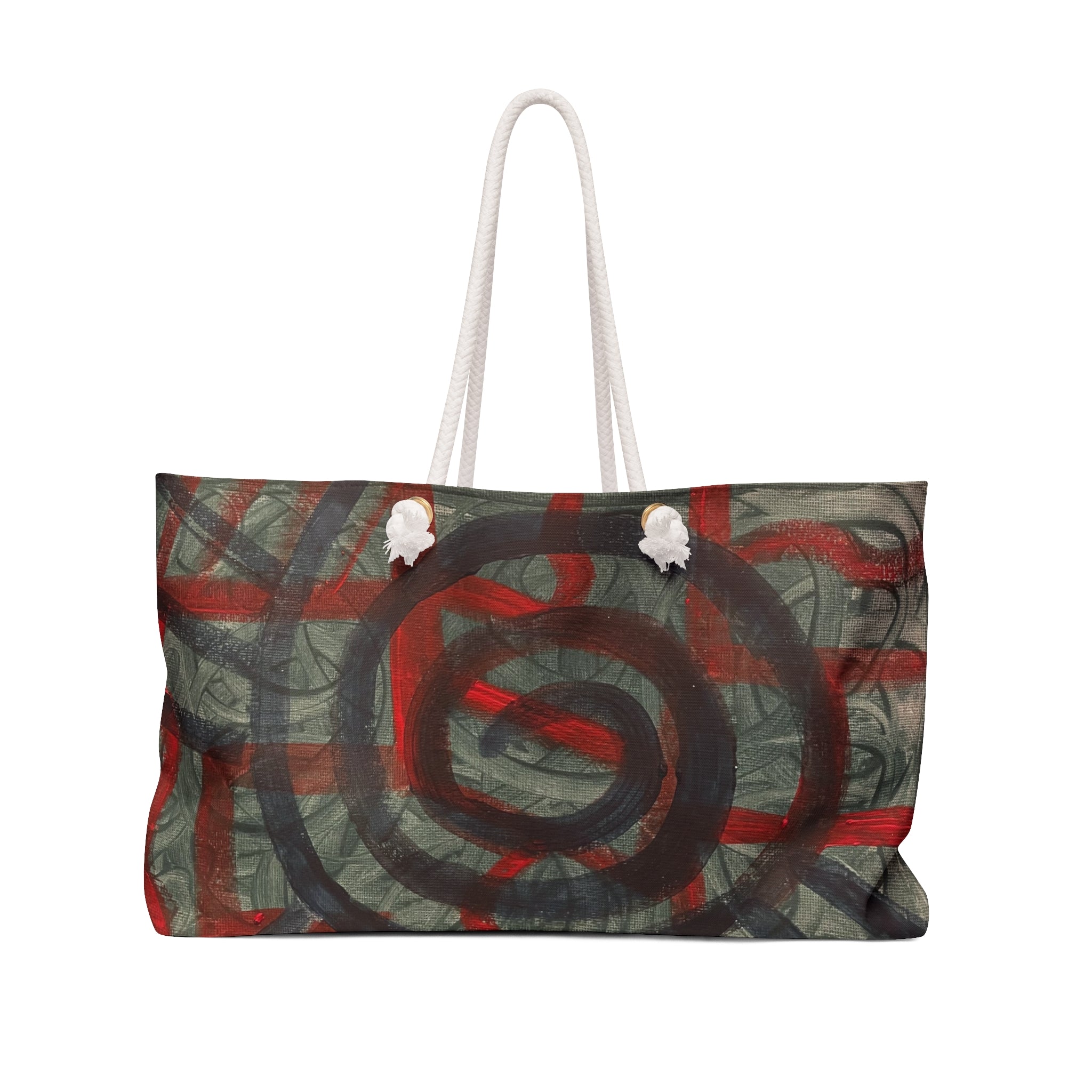 Abstract Spiral Weekender Bag — Red & Olive Travel Tote