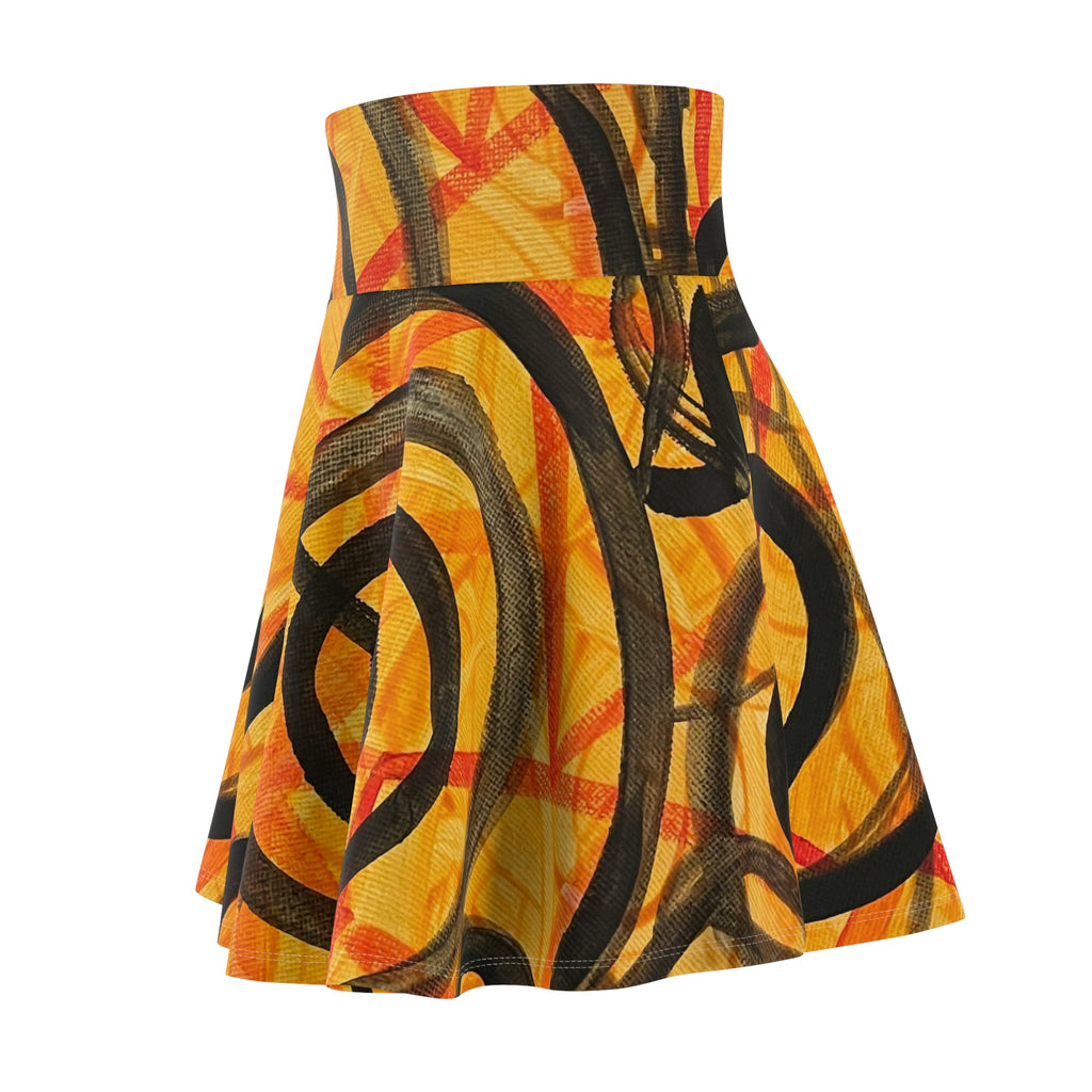 Golden Spiral Art Skater Skirt — Abstract Yellow & Black Swirl Print