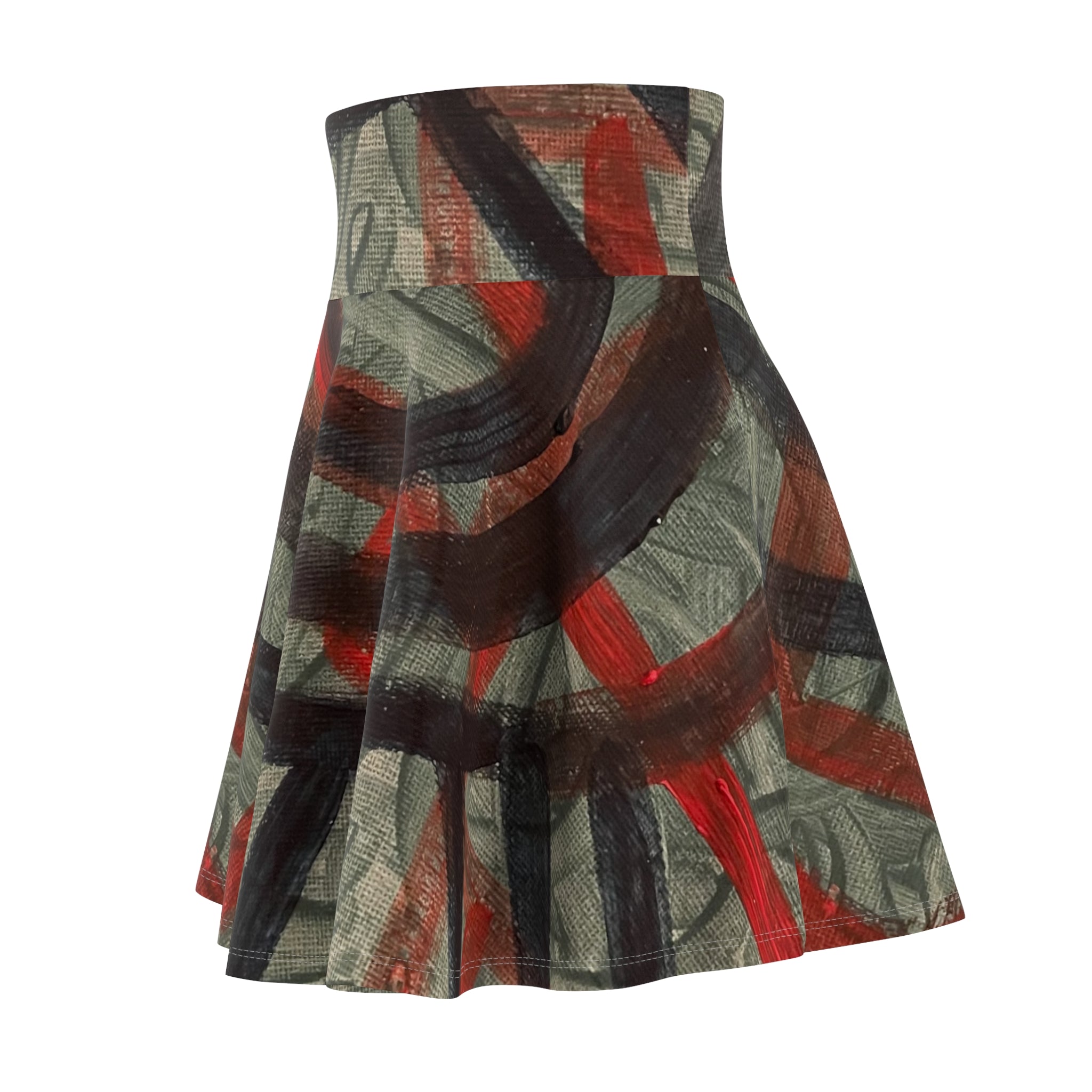 Abstract Brushstroke Skater Skirt — Red & Charcoal AOP