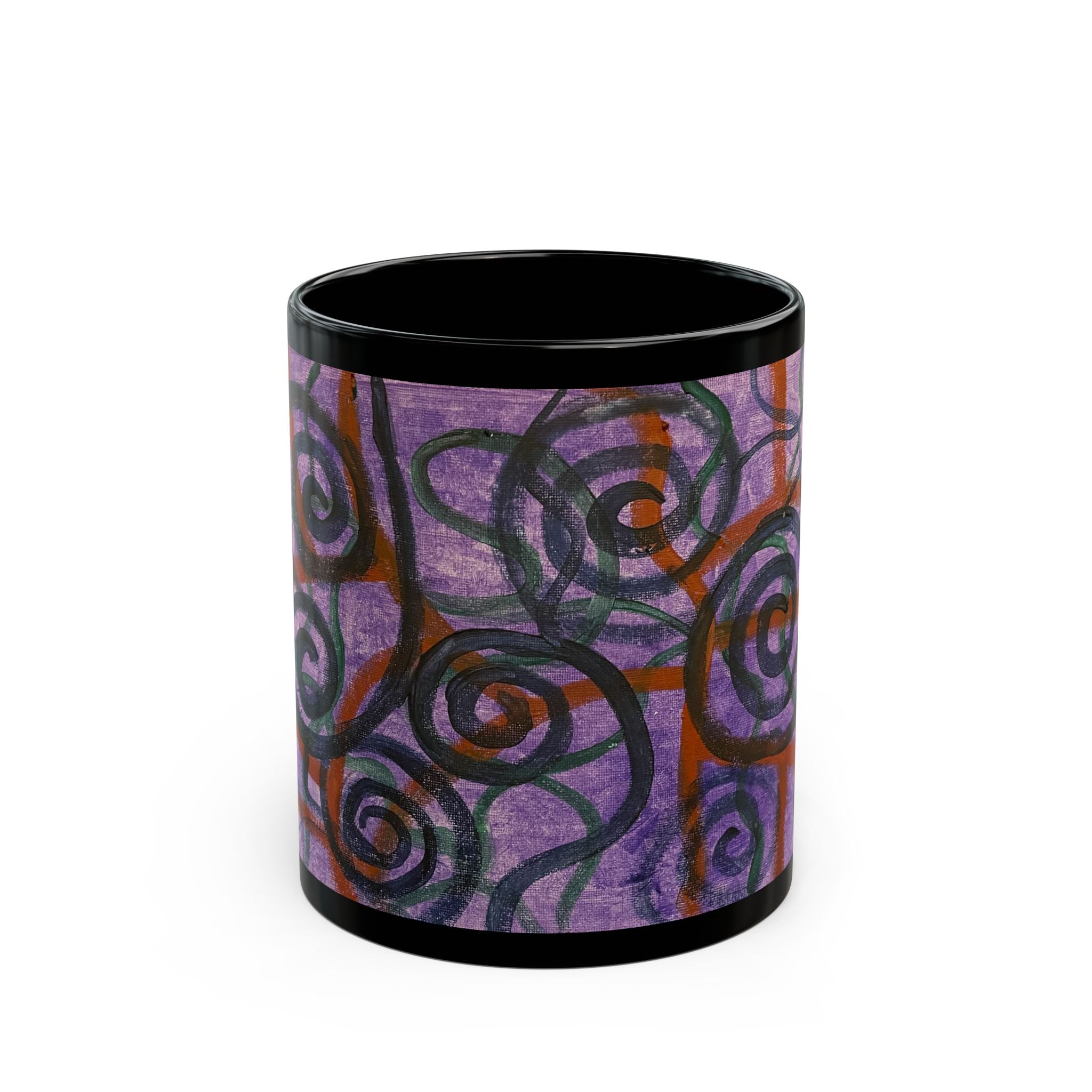 Abstract Purple Spiral Art Mug – Black Ceramic Coffee Cup (11oz/15oz)