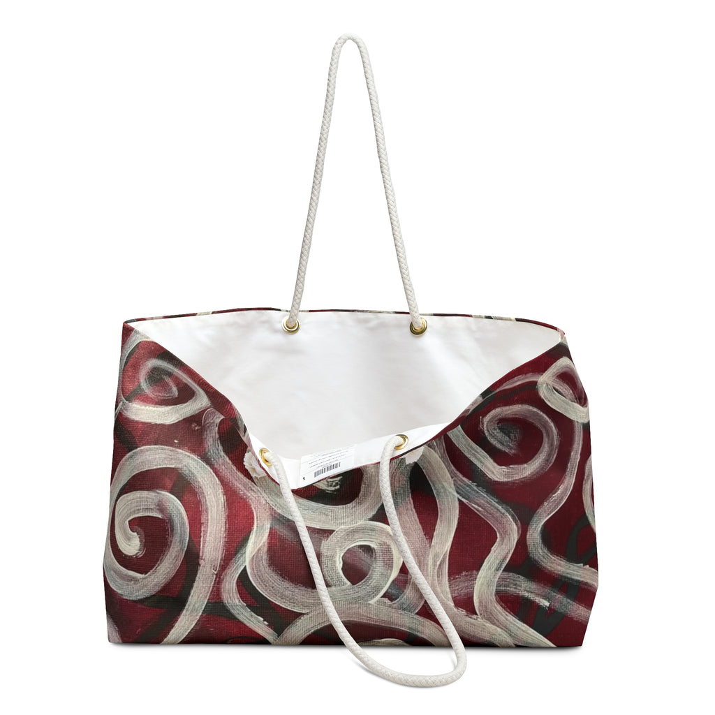 Red Spiral Swirl Weekender Bag — Abstract Boho Travel Tote