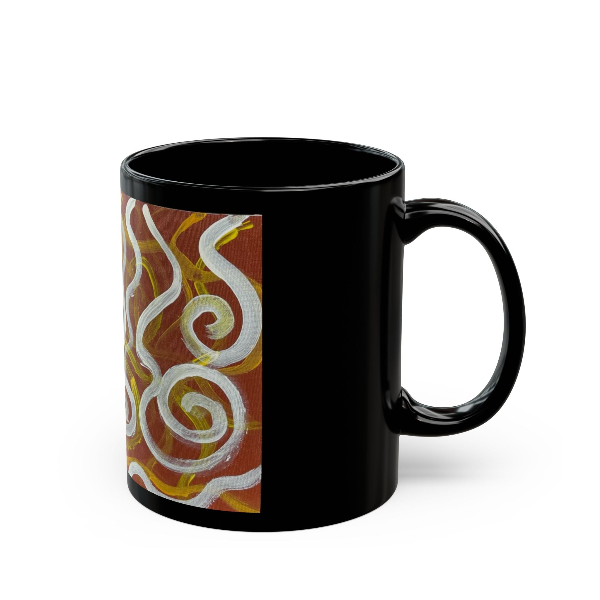 Swirling Abstract Art Black Mug — Earth Tone Spiral Coffee Cup (11oz/15oz)