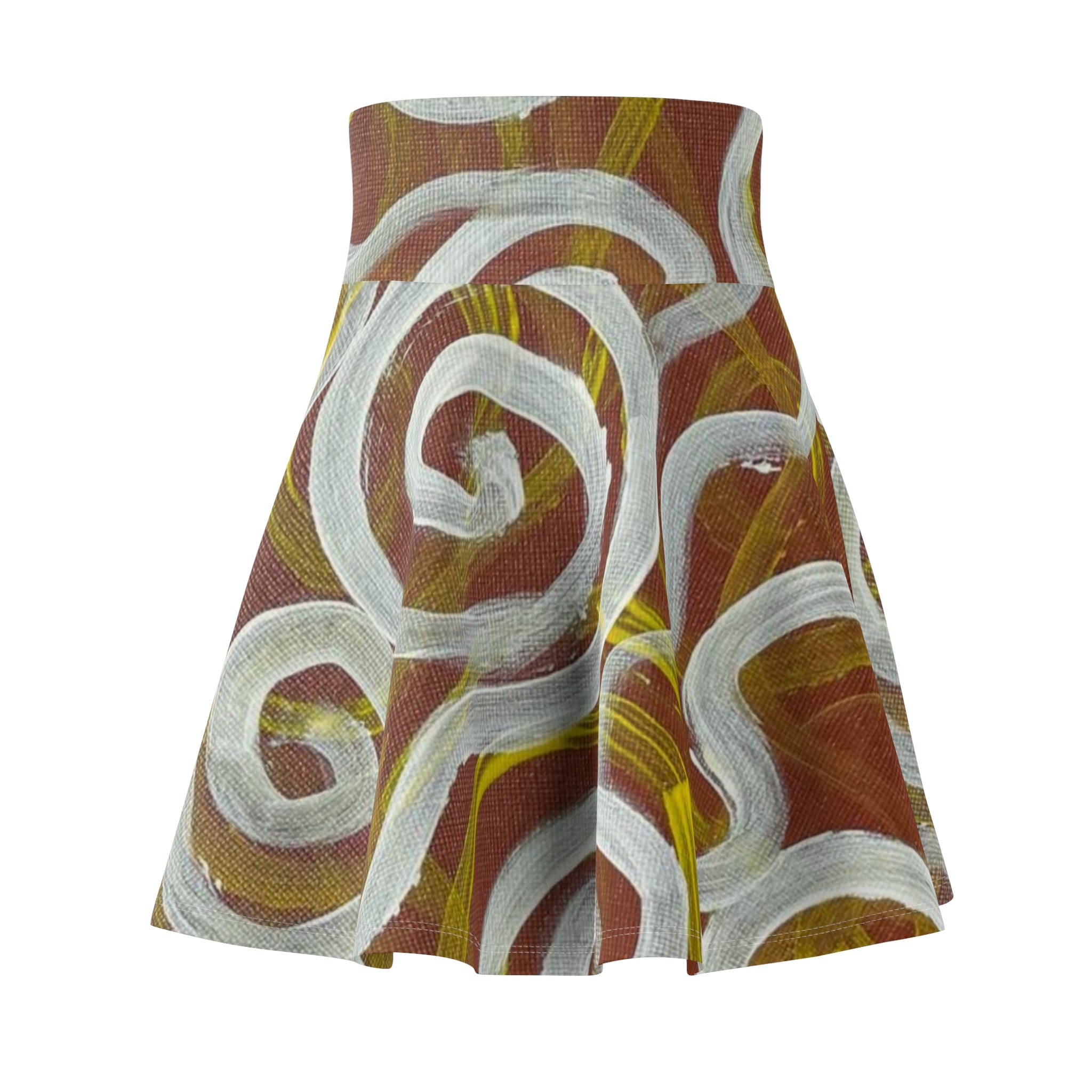 Swirl Abstract AOP Skater Skirt — Earthy Brown & White Artistic Print