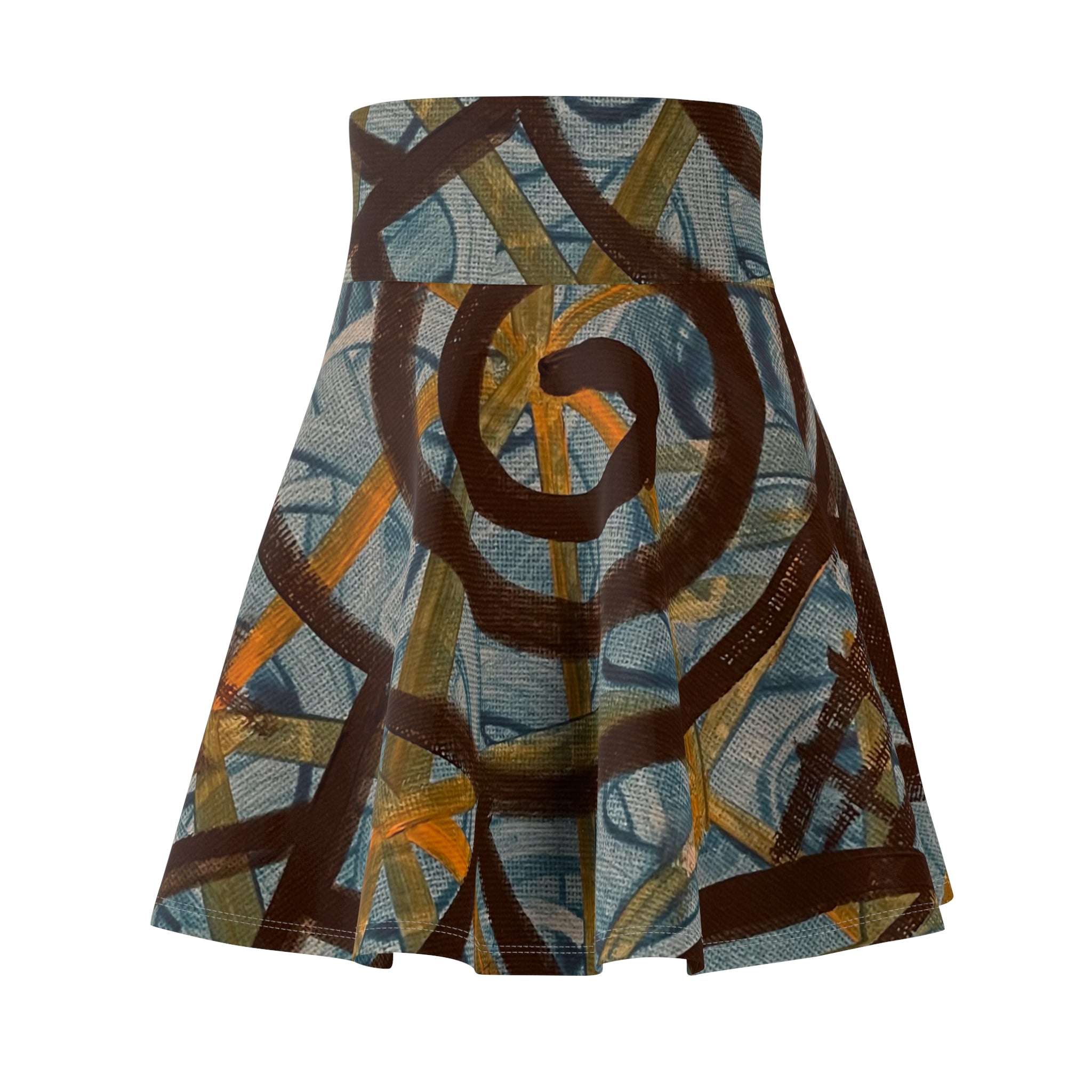Abstract Swirl Skater Skirt — Artistic Blue & Brown AOP