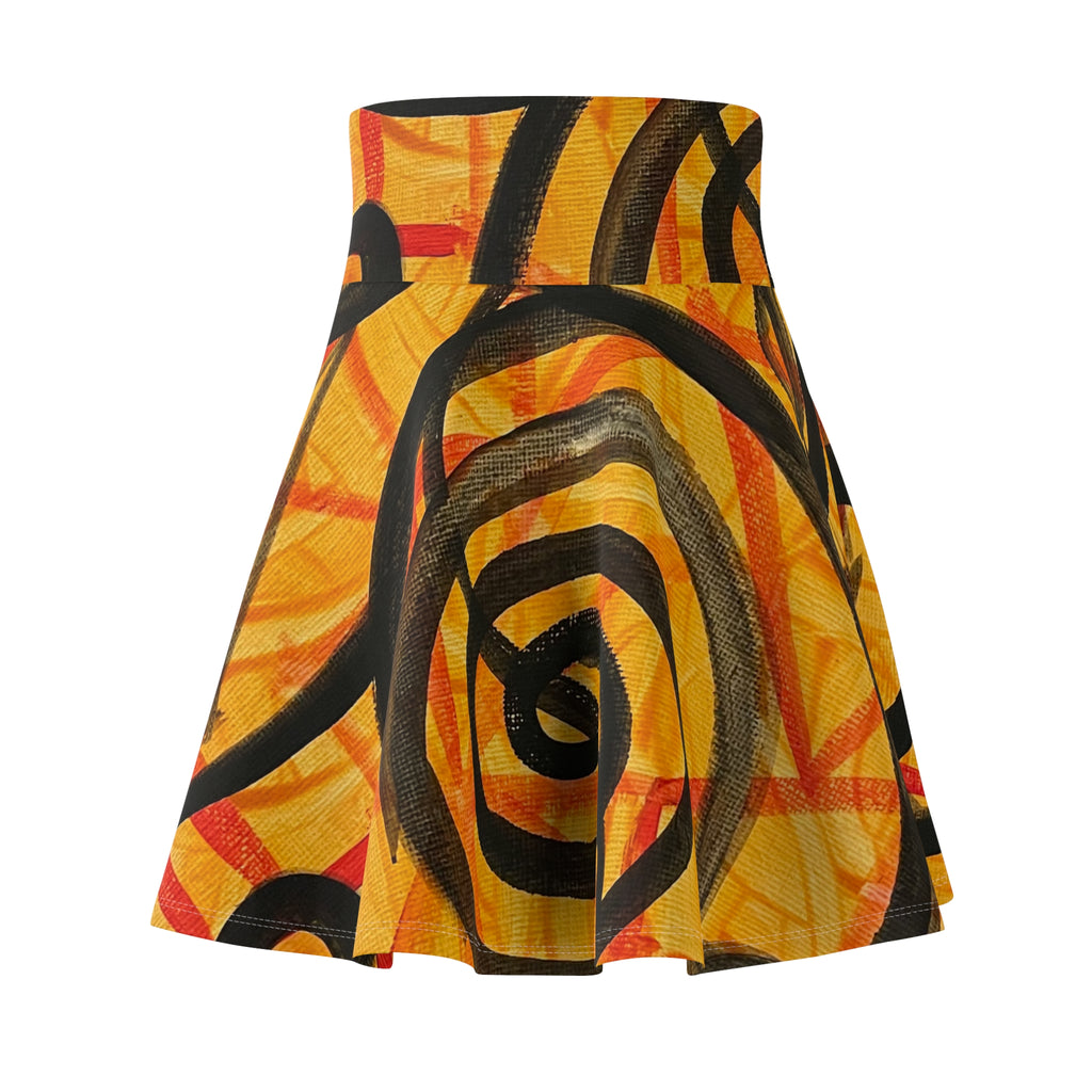 Golden Spiral Art Skater Skirt — Abstract Yellow & Black Swirl Print