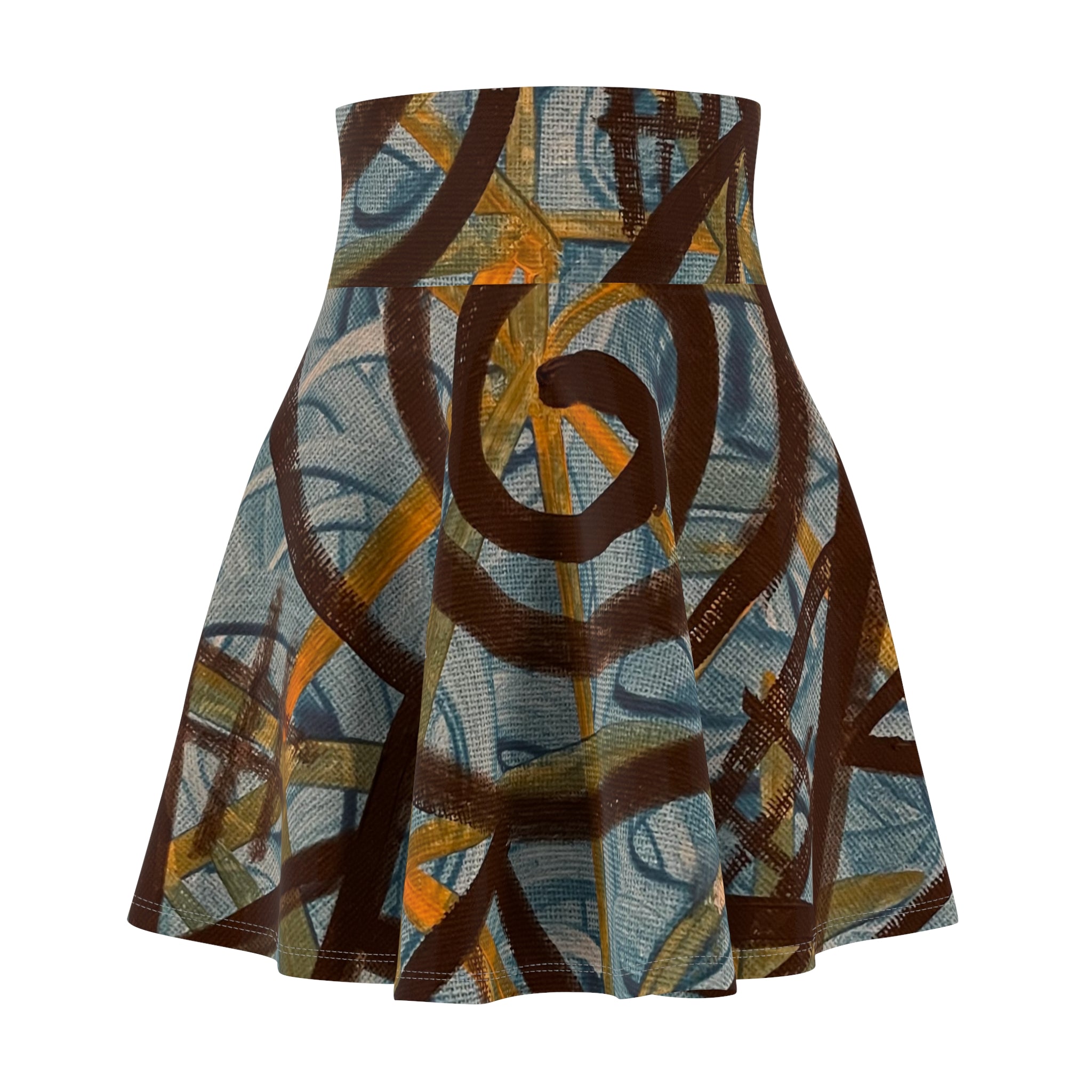 Abstract Swirl Skater Skirt — Artistic Blue & Brown AOP