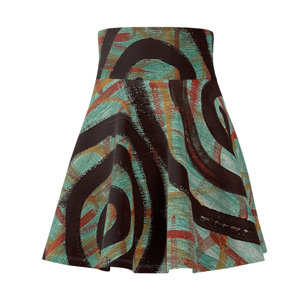 Abstract Spiral Print Skater Skirt — Retro Teal & Rust AOP