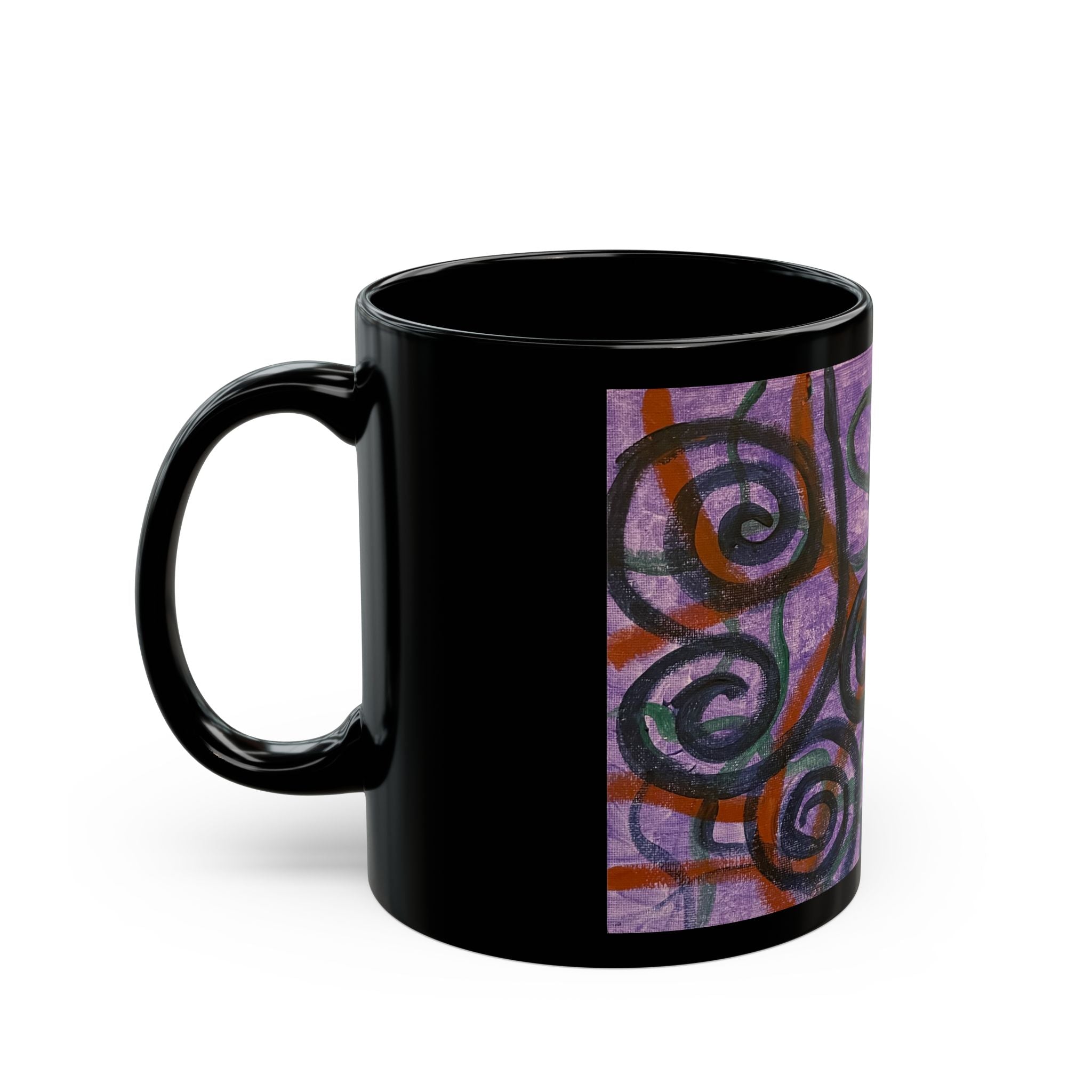 Abstract Purple Spiral Art Mug – Black Ceramic Coffee Cup (11oz/15oz)