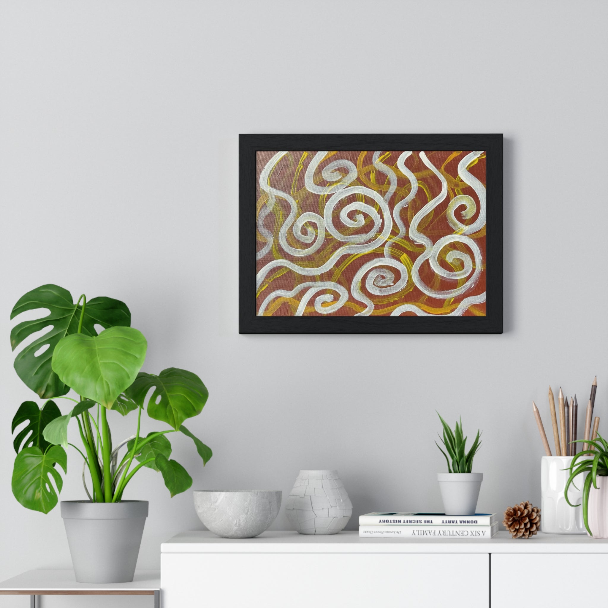 Abstract Swirl Horizontal Framed Poster — Earthy Brown & White Wall Art