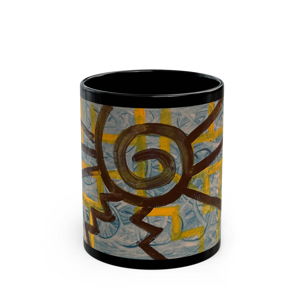 Abstract Spiral Sun Black Mug – Artistic Hand-Painted Ceramic Coffee Cup (11oz/15oz)