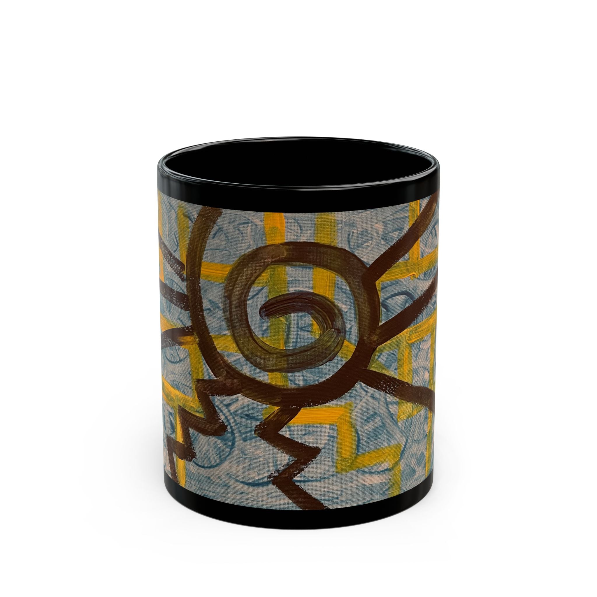 Abstract Spiral Sun Black Mug – Artistic Hand-Painted Ceramic Coffee Cup (11oz/15oz)