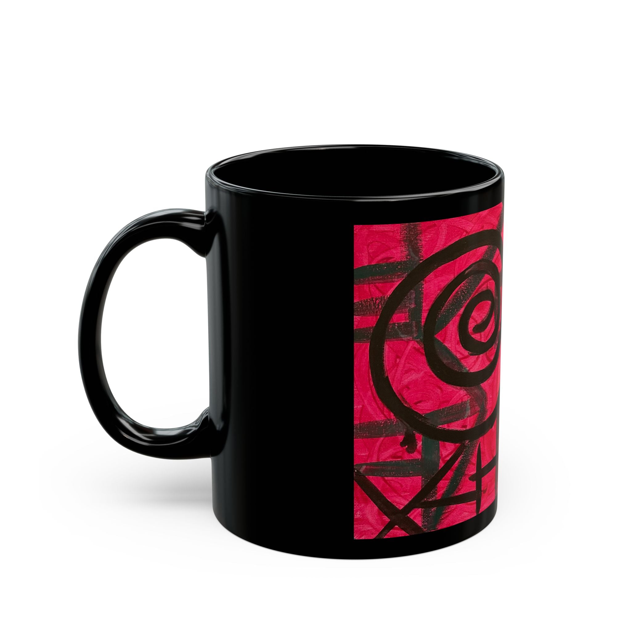Abstract Red Spiral Art Mug — Black Ceramic Coffee Cup (11oz/15oz)