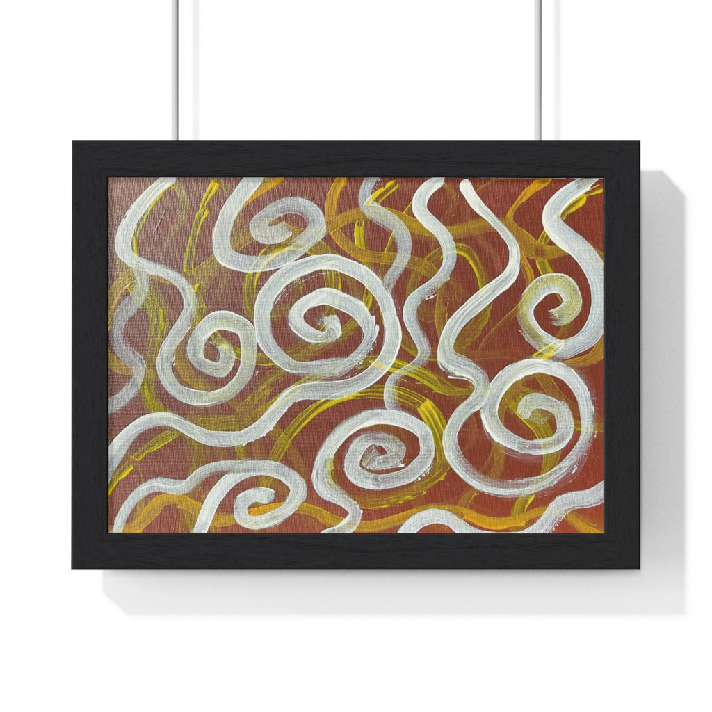 Abstract Swirl Horizontal Framed Poster — Earthy Brown & White Wall Art