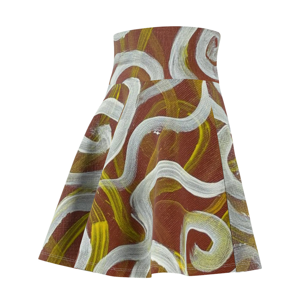Swirl Abstract AOP Skater Skirt — Earthy Brown & White Artistic Print