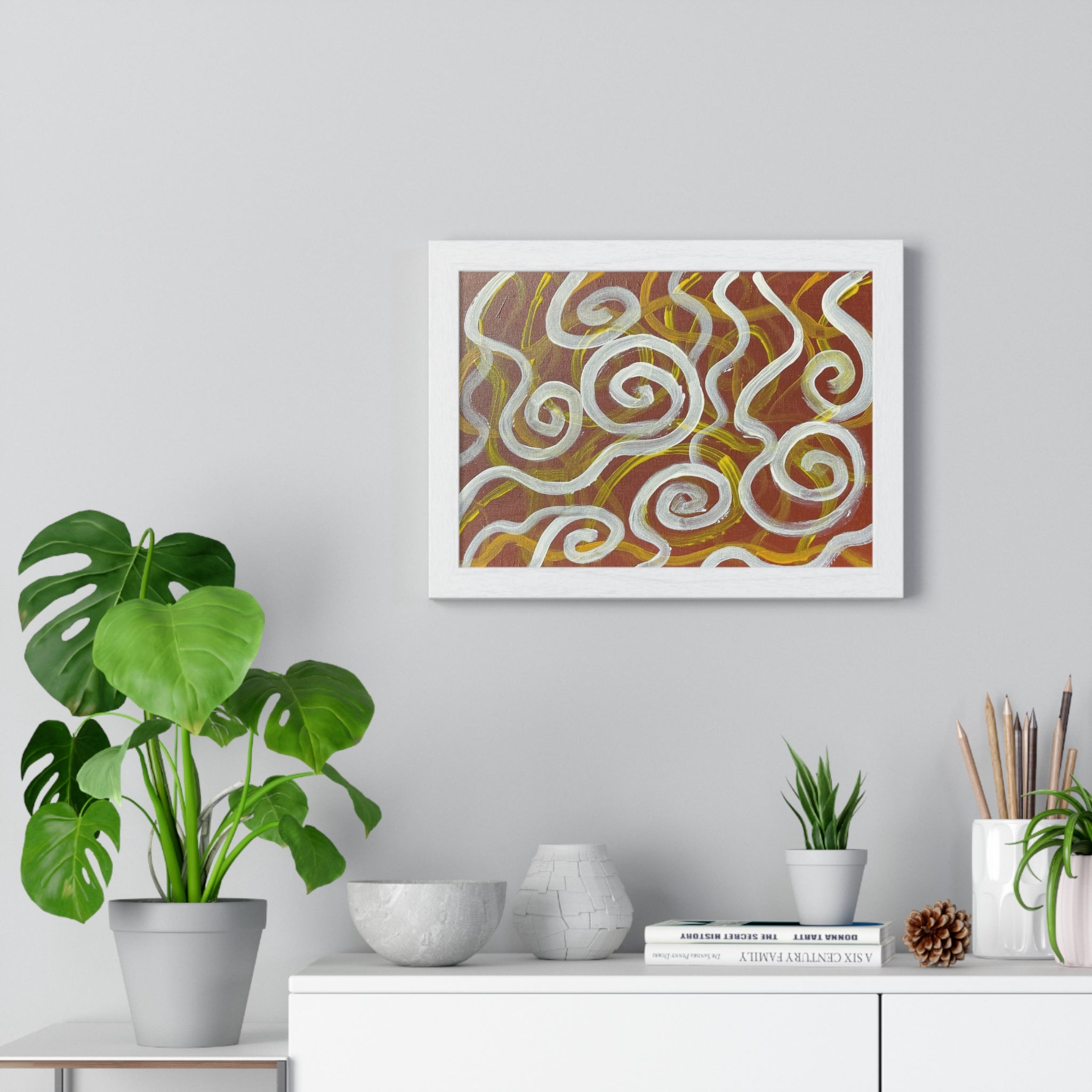 Abstract Swirl Horizontal Framed Poster — Earthy Brown & White Wall Art