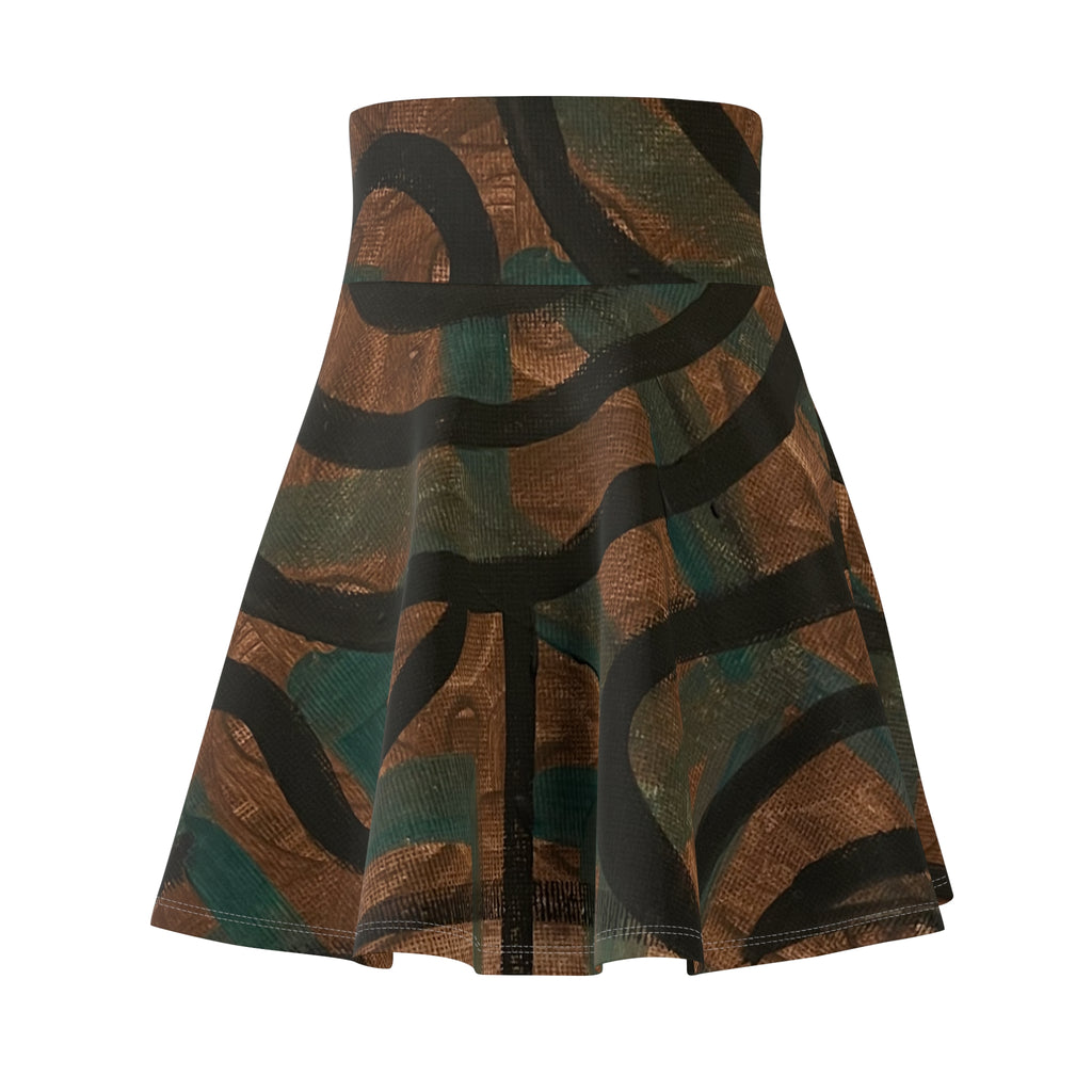 Abstract Earth-Tone Skater Skirt — Brown & Teal Swirl Print