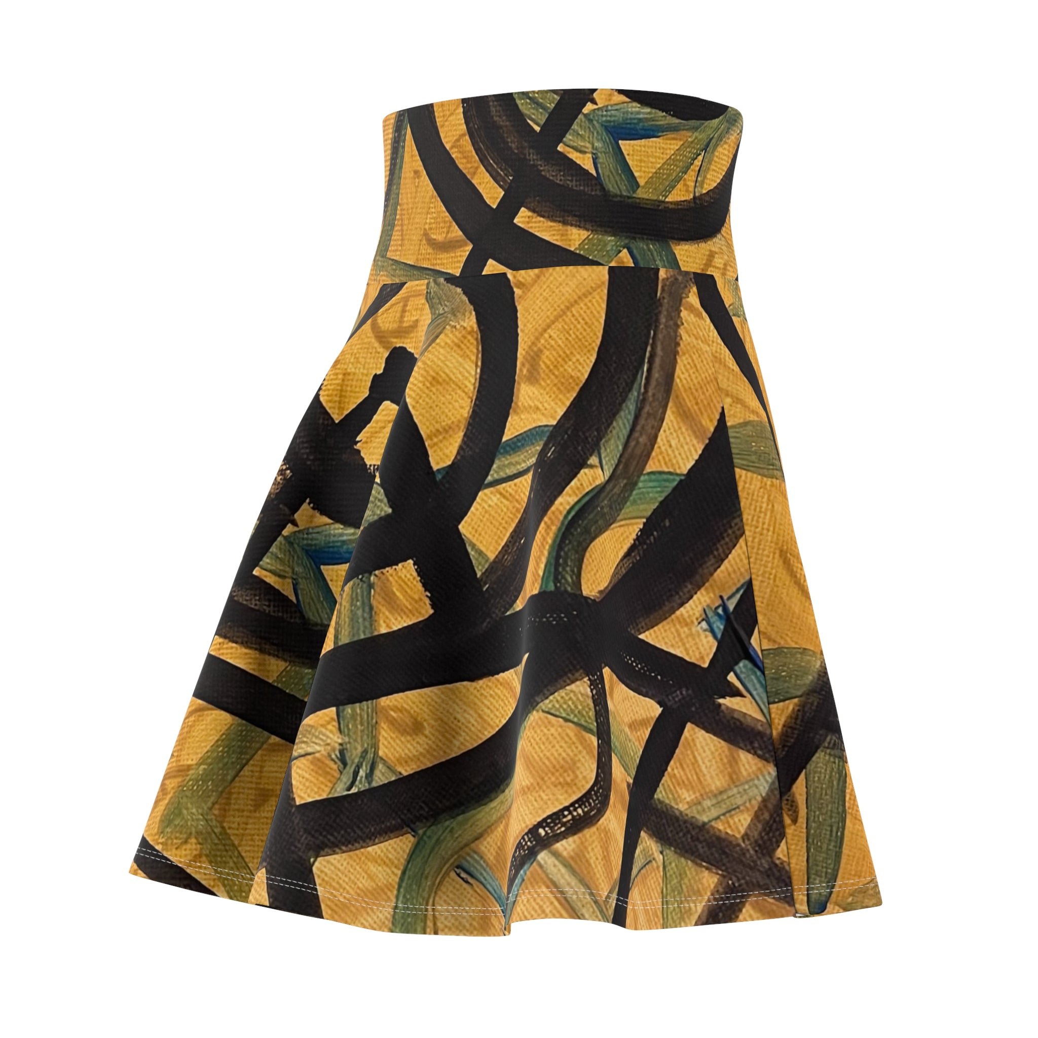 Abstract Swirl Skater Skirt — Bold Yellow & Black Art Print