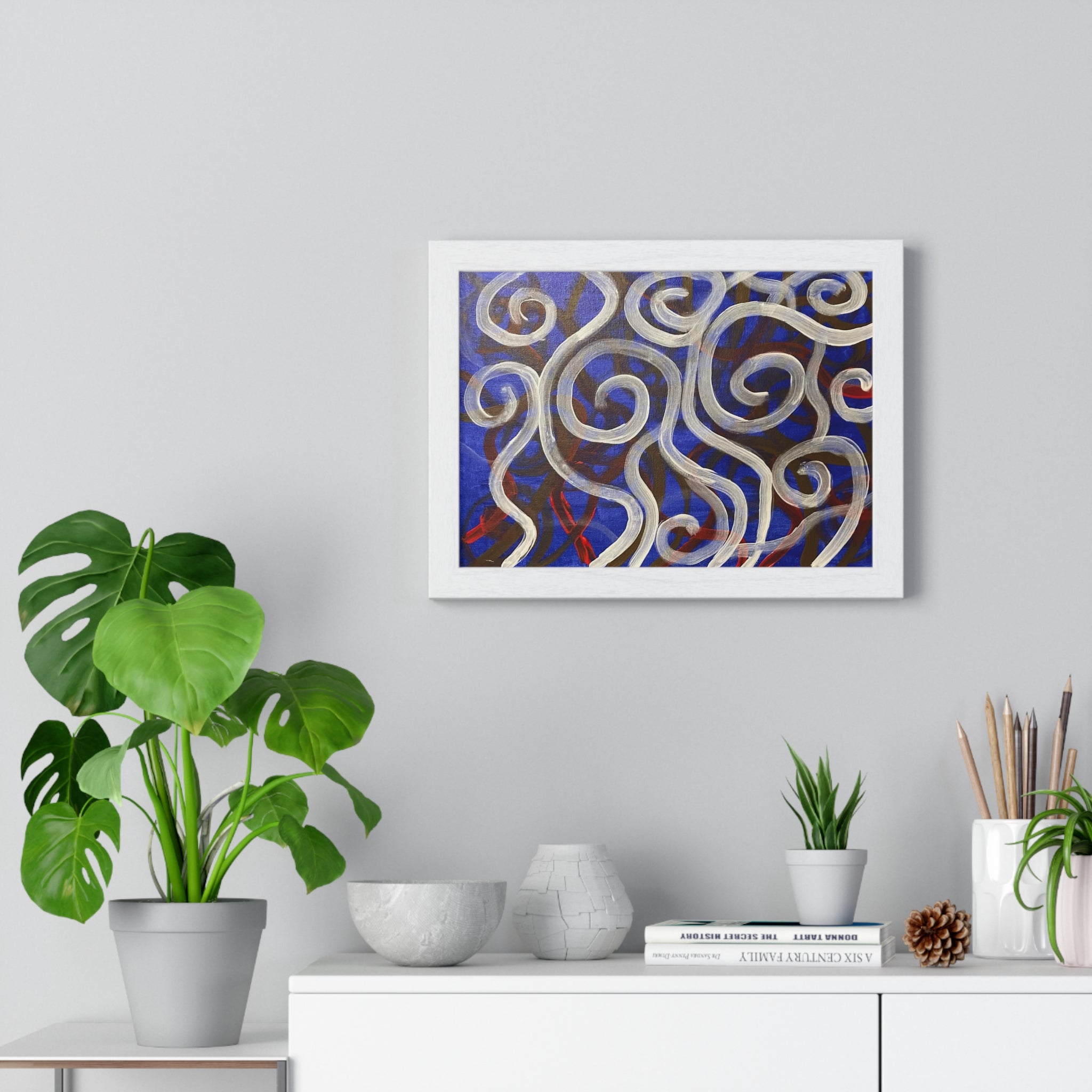 Abstract Swirl Framed Poster — Blue & Silver Modern Wall Art