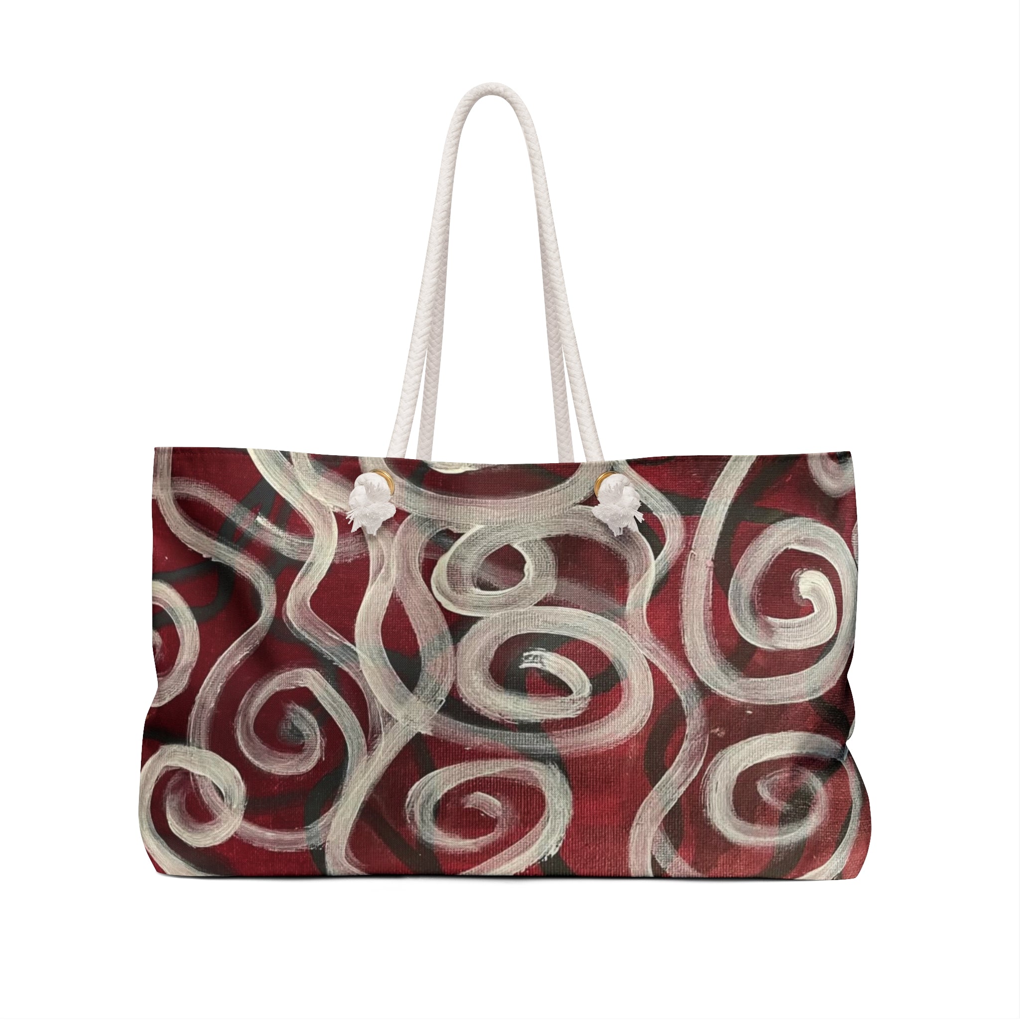 Red Spiral Swirl Weekender Bag — Abstract Boho Travel Tote